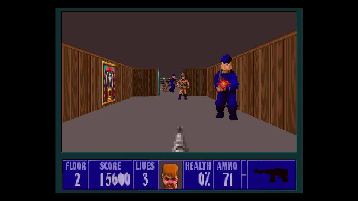 Hình ảnh người lính Đức quốc xã trong một hành lang hẹp của Wolfenstein 3D