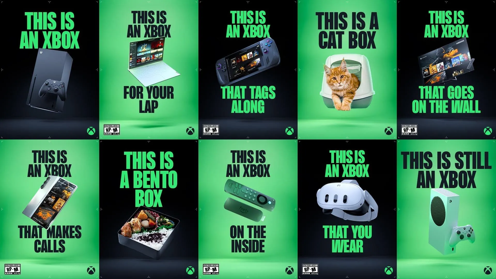 Hình ảnh quảng bá chiến dịch "This is an Xbox" thể hiện khả năng chơi game Xbox Game Pass trên đa nền tảng như TV, laptop và điện thoại di động.