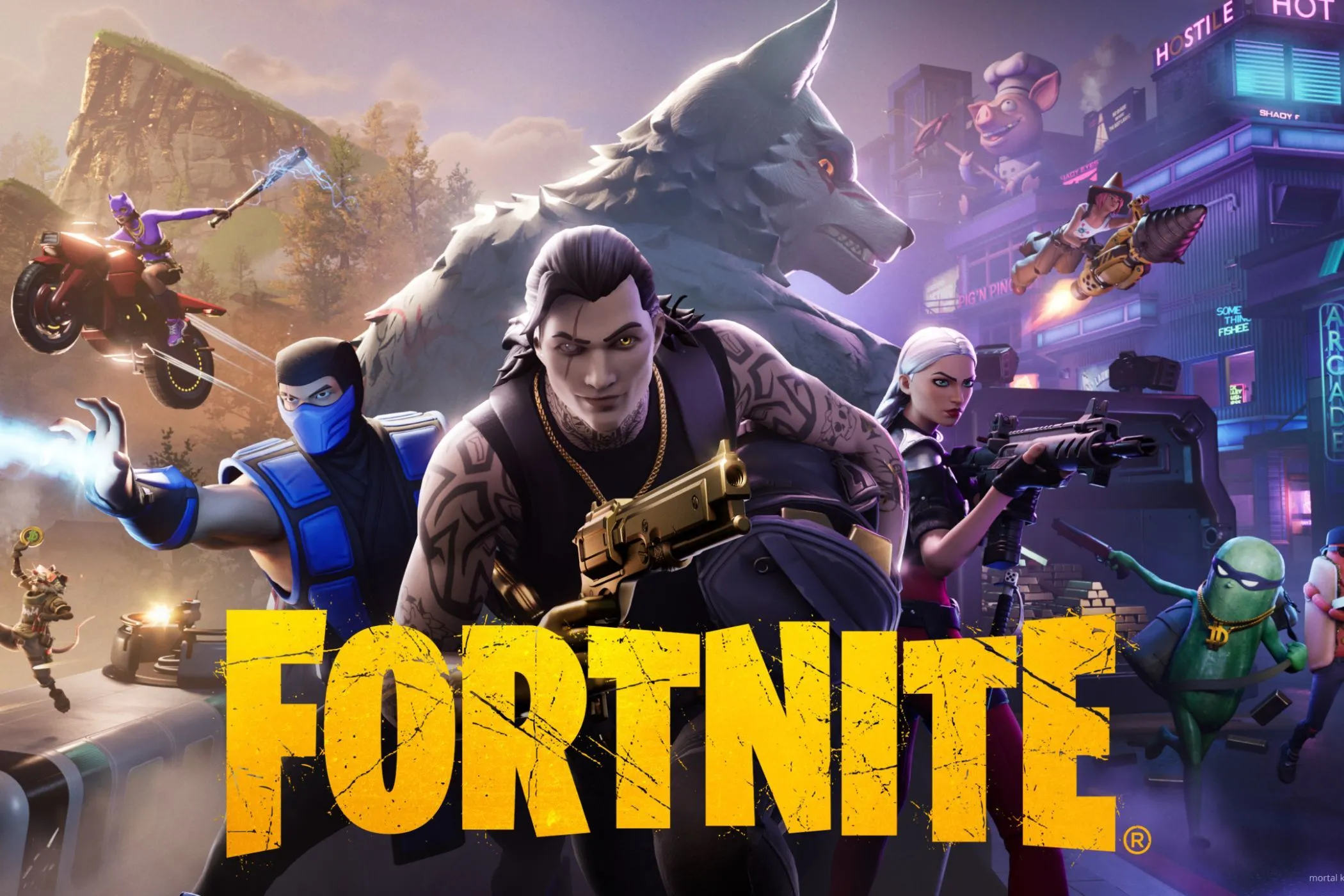 Hình ảnh quảng bá game Fortnite với các chiến binh và sói, minh họa cho thể loại Battle Royale.