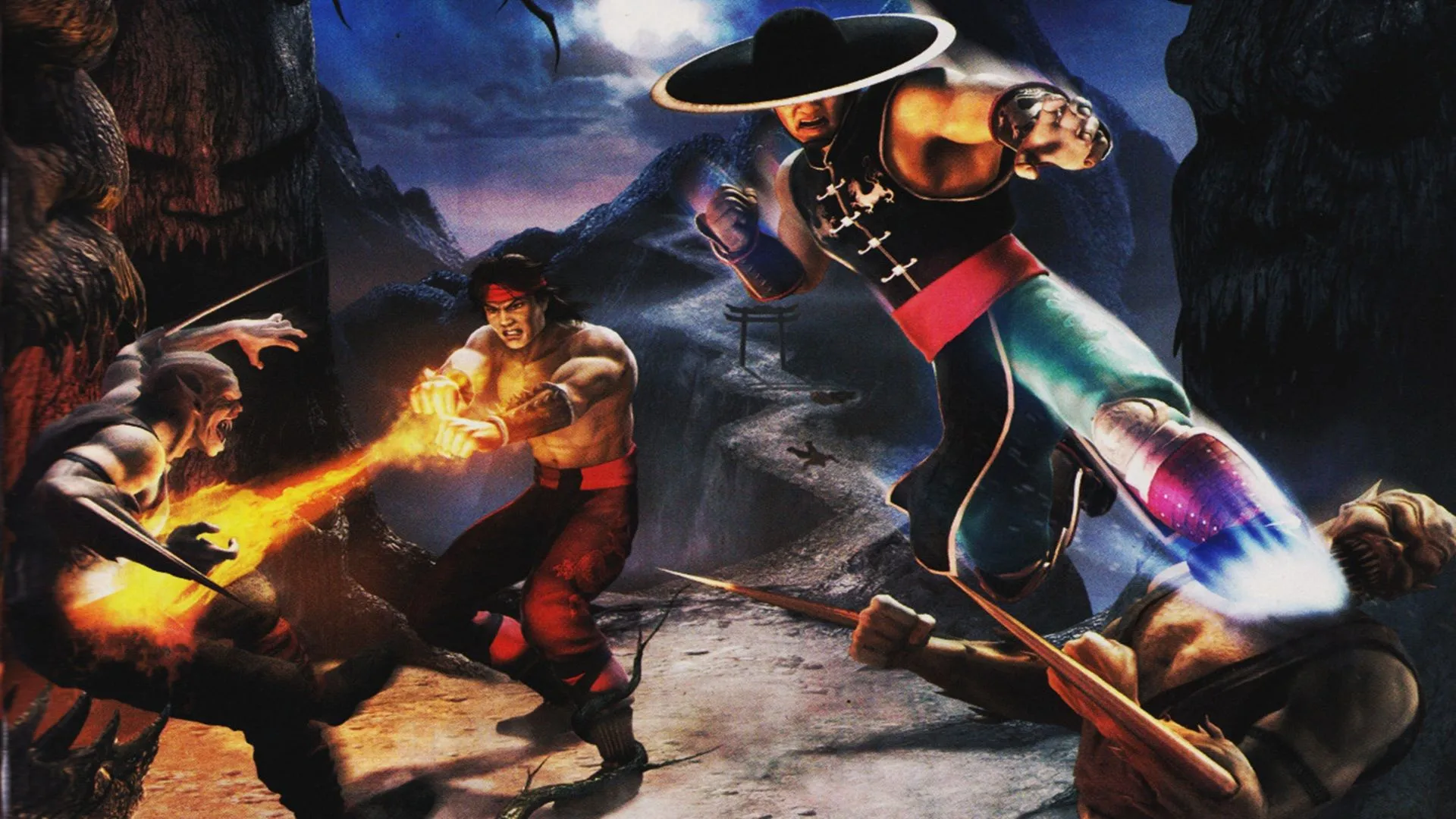 Hình ảnh quảng cáo cho tựa game Mortal Kombat: Shaolin Monks, giới thiệu hai nhân vật chính Liu Kang và Kung Lao.