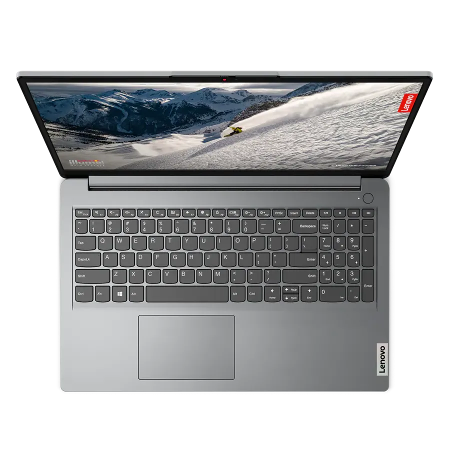 Hình ảnh tổng thể laptop Lenovo IdeaPad 1i màu Xám Bão với màn hình mở 100 độ