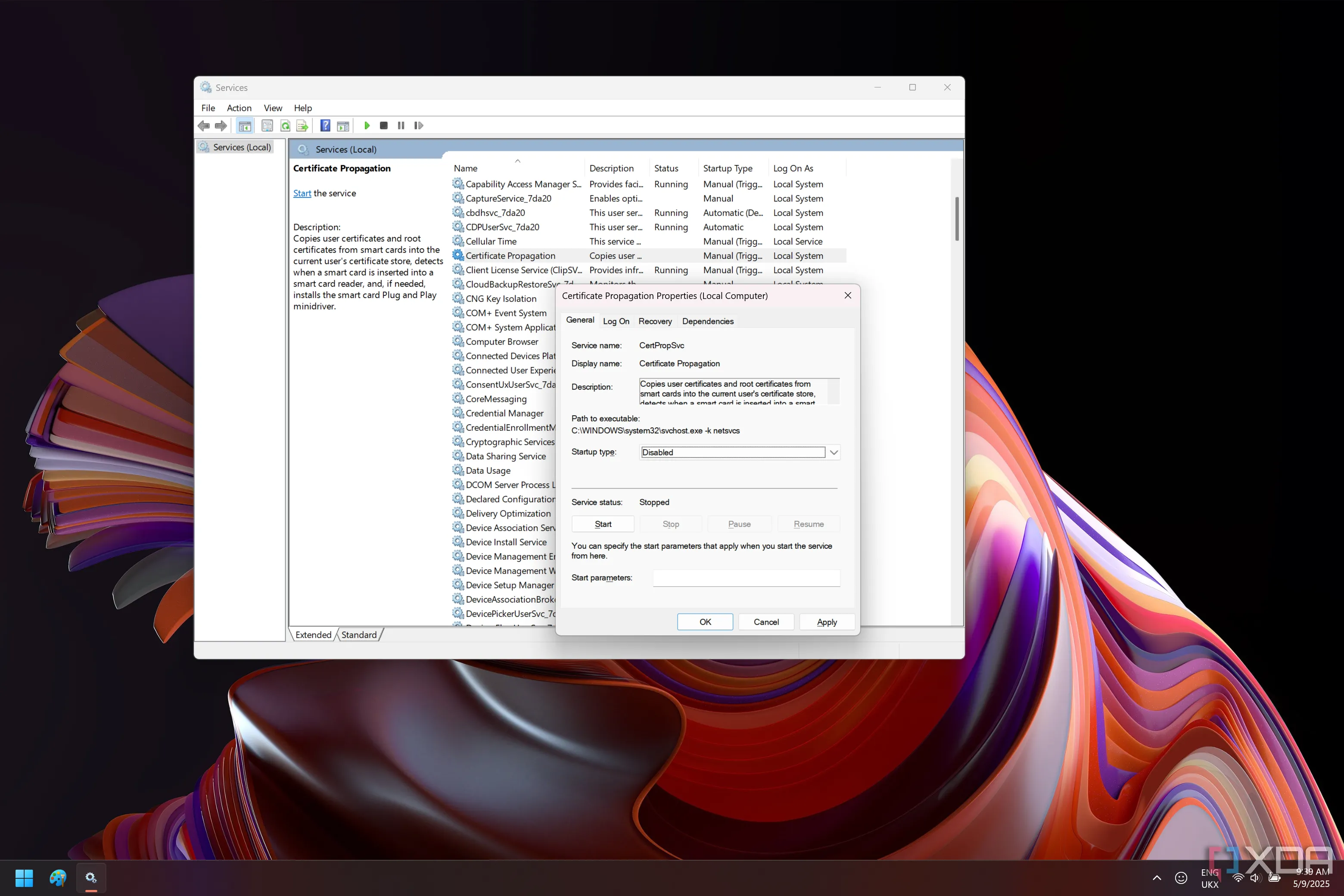 Hình ảnh Windows 11 với dịch vụ Truyền chứng chỉ bị vô hiệu hóa