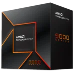 Hộp CPU AMD Threadripper 9000 Series nhìn nghiêng, thể hiện thiết kế bao bì đặc trưng của dòng vi xử lý máy trạm cao cấp.