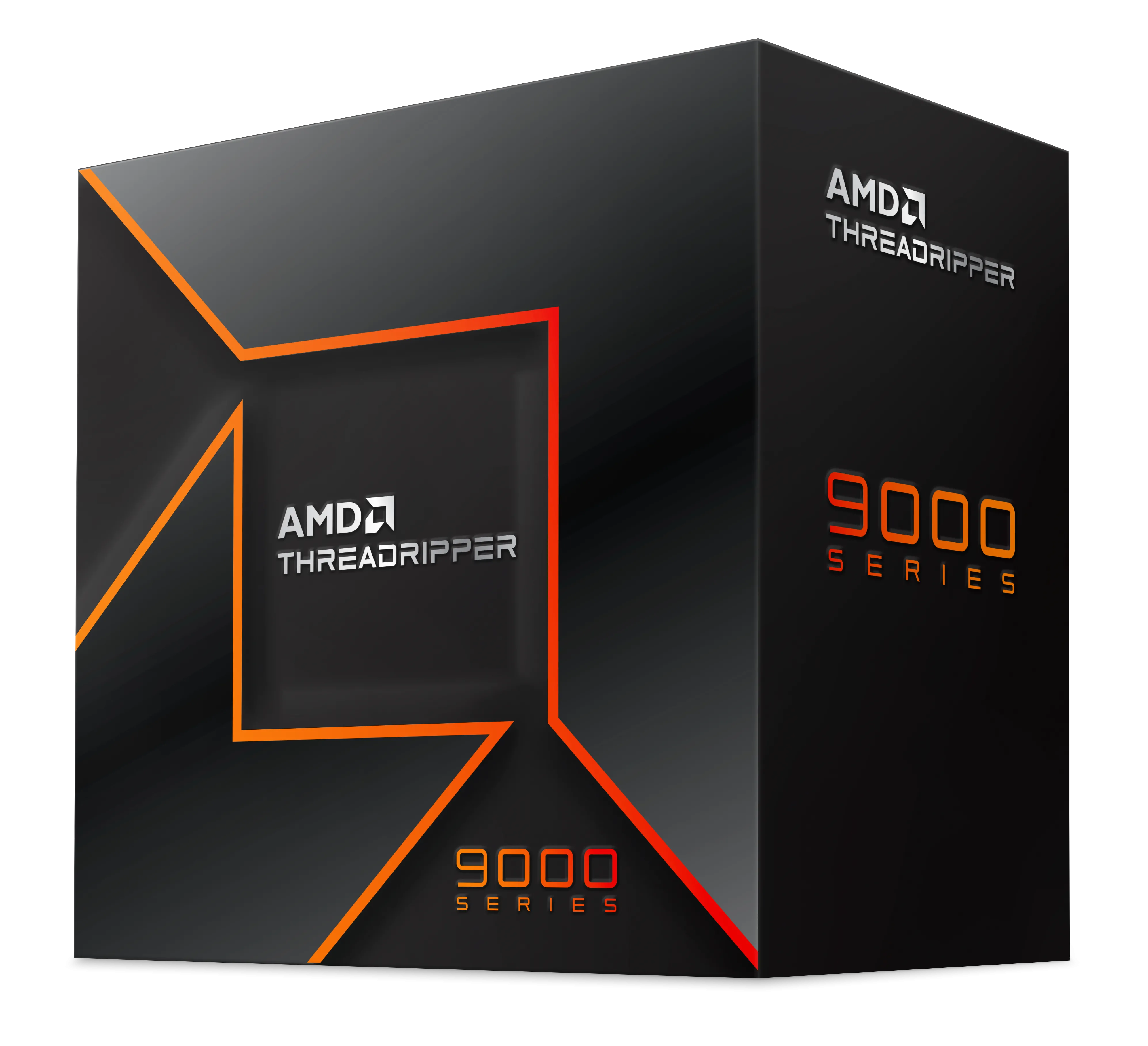 Hộp CPU AMD Threadripper 9000 Series nhìn nghiêng, thể hiện thiết kế bao bì đặc trưng của dòng vi xử lý máy trạm cao cấp.