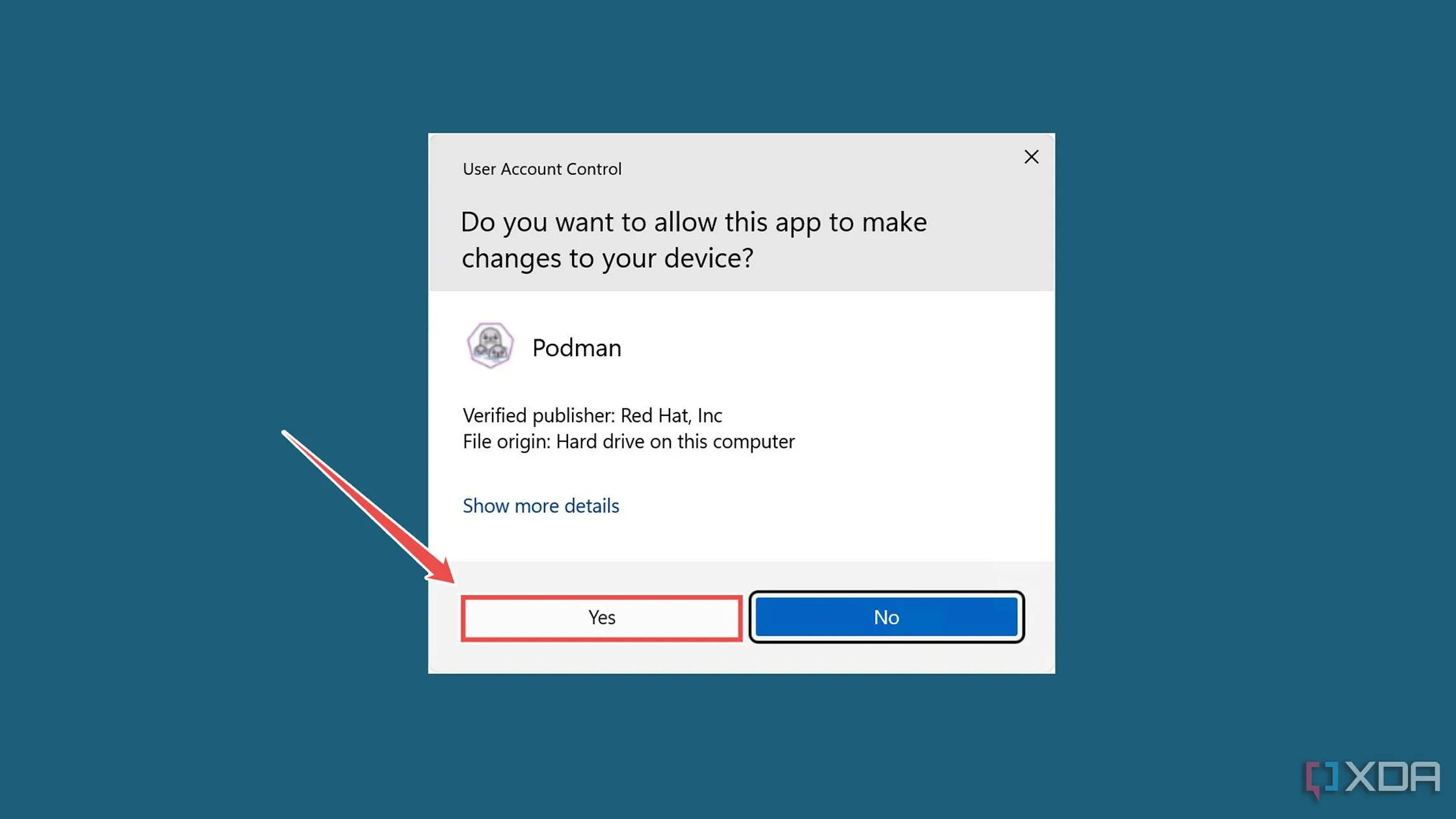 Hộp thoại User Account Control (UAC) của Windows yêu cầu xác nhận để cho phép Podman Desktop thực hiện thay đổi hệ thống.