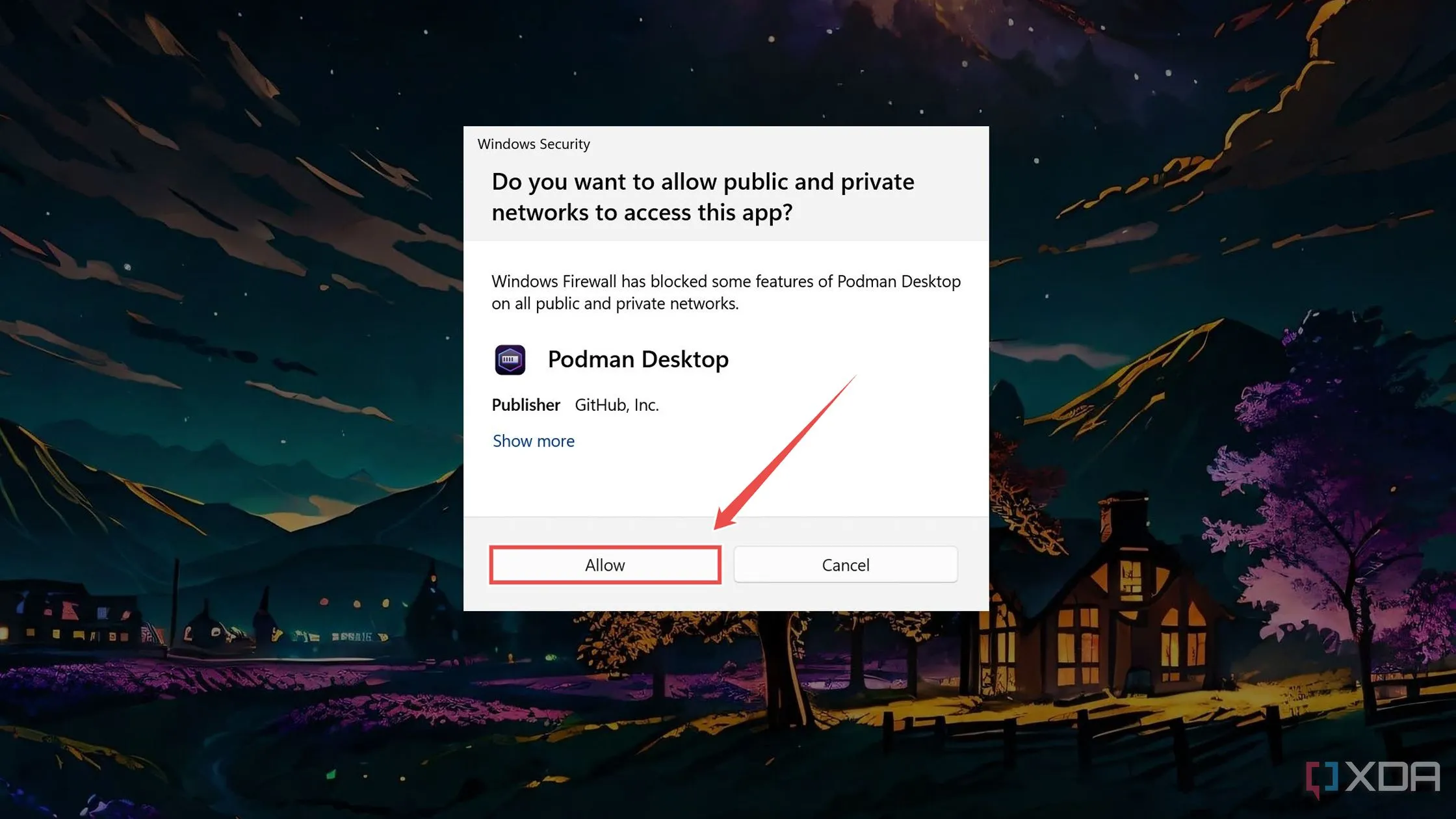 Hộp thoại Windows Security yêu cầu cấp quyền truy cập mạng công cộng và riêng tư cho ứng dụng Podman Desktop.