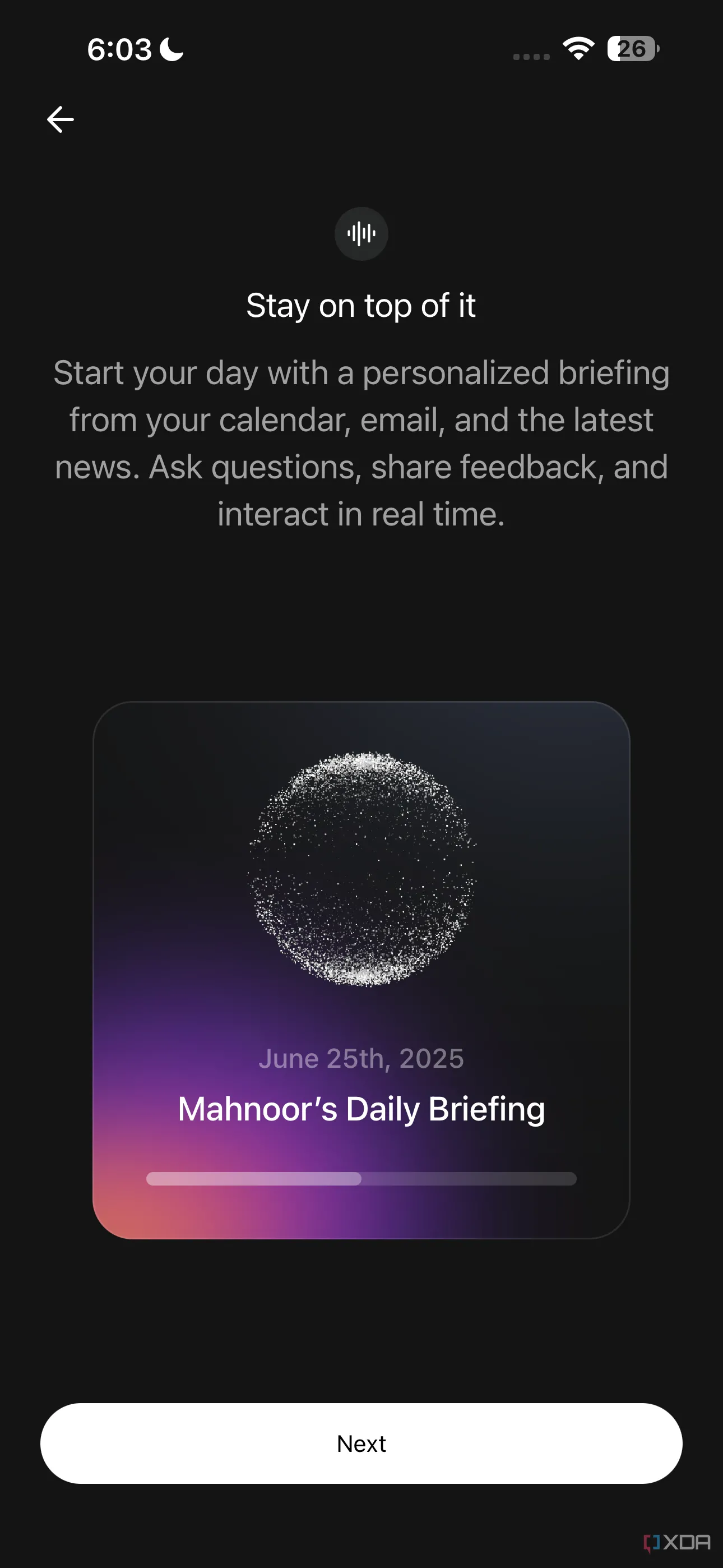 Huxe hiển thị thông tin chi tiết về tính năng Daily Audio Briefing.