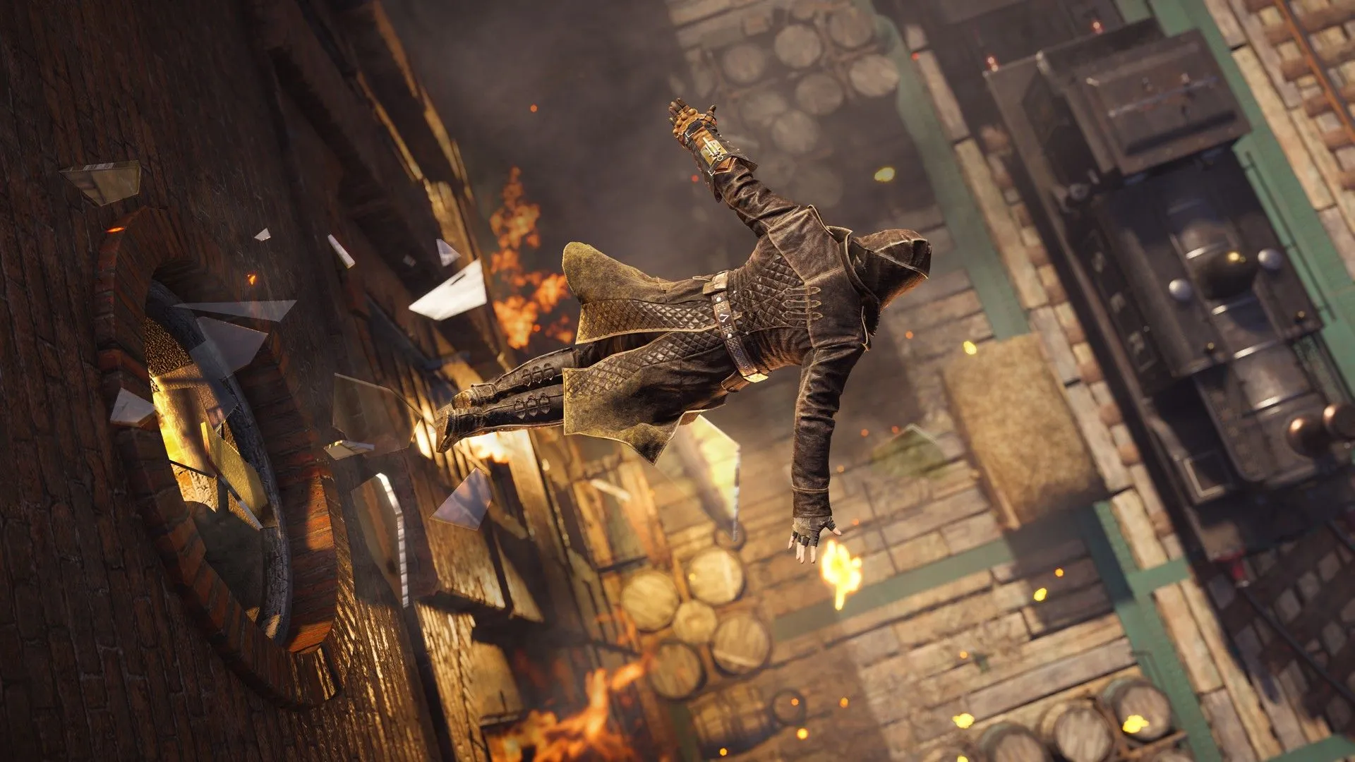 Jacob thực hiện cú Leap of Faith từ cửa sổ xuống đống rơm cạnh tàu hỏa trong Assassin's Creed Syndicate