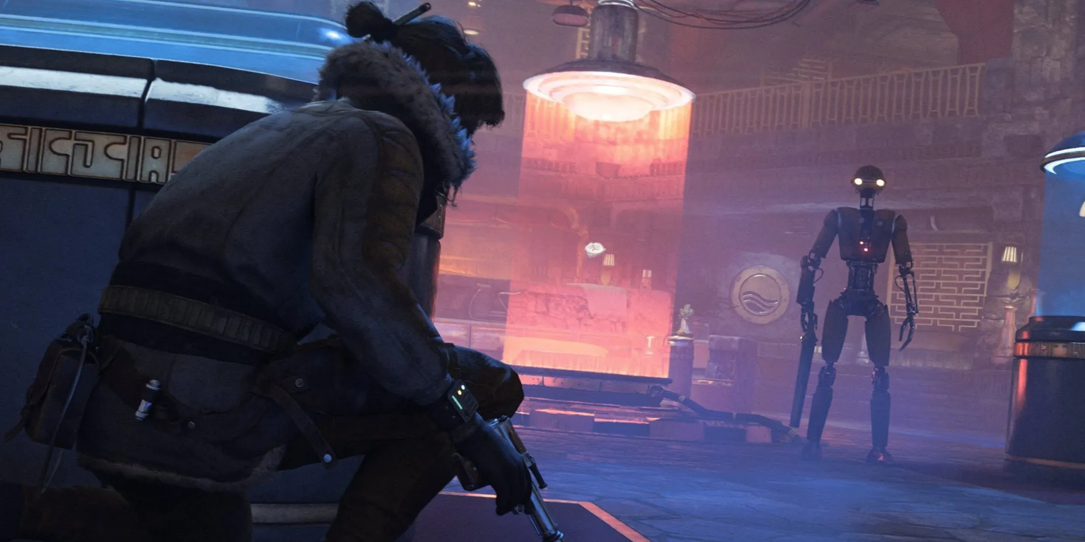 Kay Vess đang thực hiện hành động lén lút trong Star Wars Outlaws, một khía cạnh gameplay không thể bù đắp việc bỏ qua các yếu tố cốt truyện Star Wars quen thuộc.