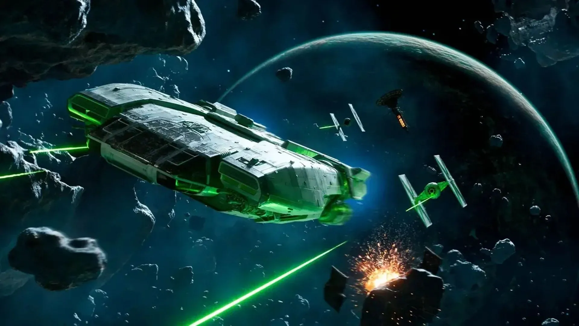 Kay Vess điều khiển phi thuyền né tránh TIE Fighters trong Star Wars Outlaws, bối cảnh game không được tận dụng tối đa tiềm năng.