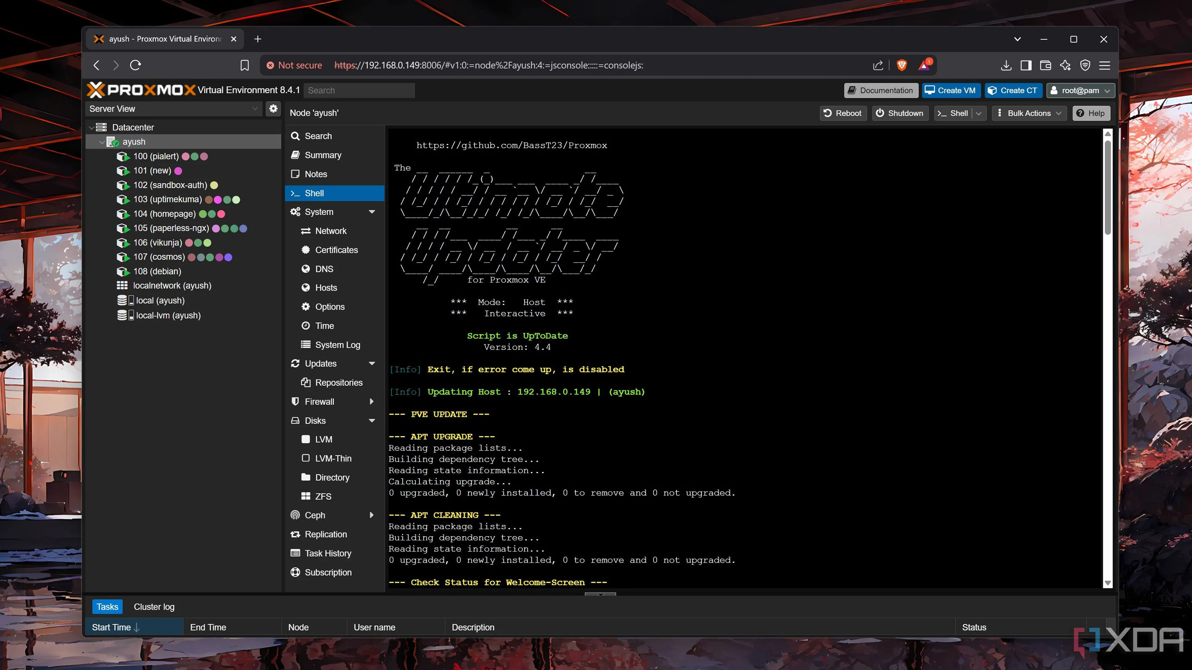 Kết quả khi chạy lệnh 'update' của script Ultimate Updater trên giao diện dòng lệnh Proxmox.