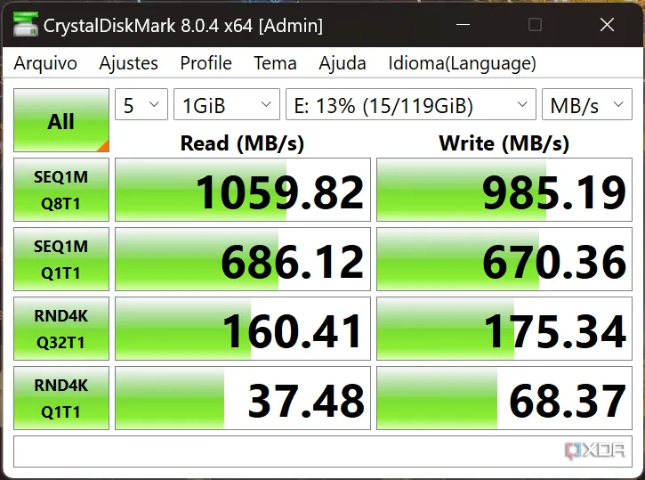 Kết quả kiểm tra tốc độ đọc ghi của SSD bằng CrystalDiskMark cho thấy hiệu suất có thể bị giảm do quá nhiệt.