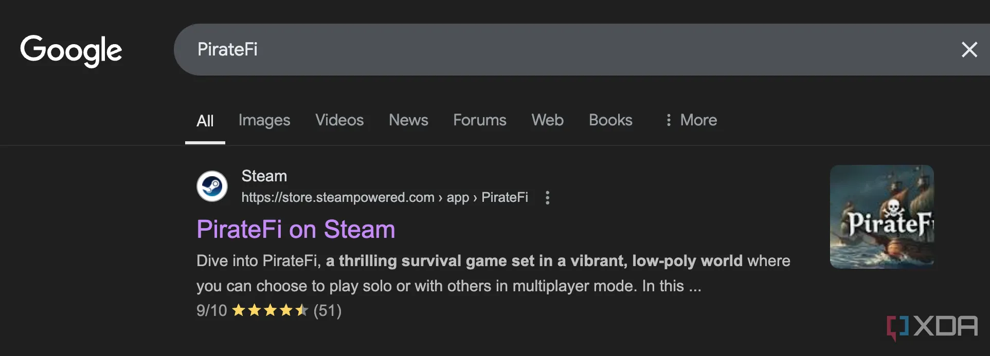 Kết quả tìm kiếm Google cho game PirateFi trên Steam, hiển thị liên kết dẫn về trang chủ sau khi game bị gỡ vì chứa mã độc.