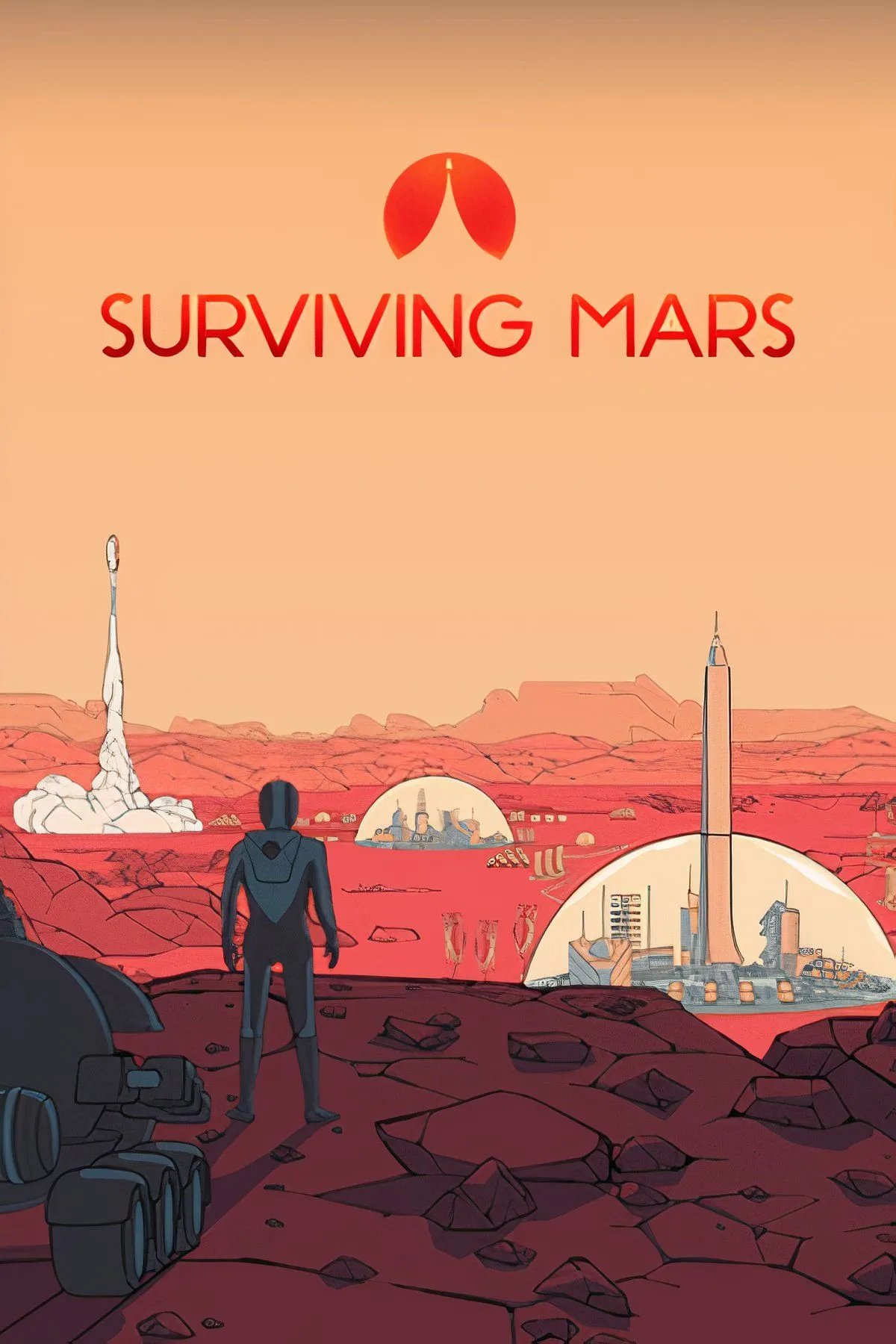 Khu định cư trên sao Hỏa trong game Surviving Mars, với các mái vòm và công trình hạ tầng phức tạp giữa địa hình khắc nghiệt
