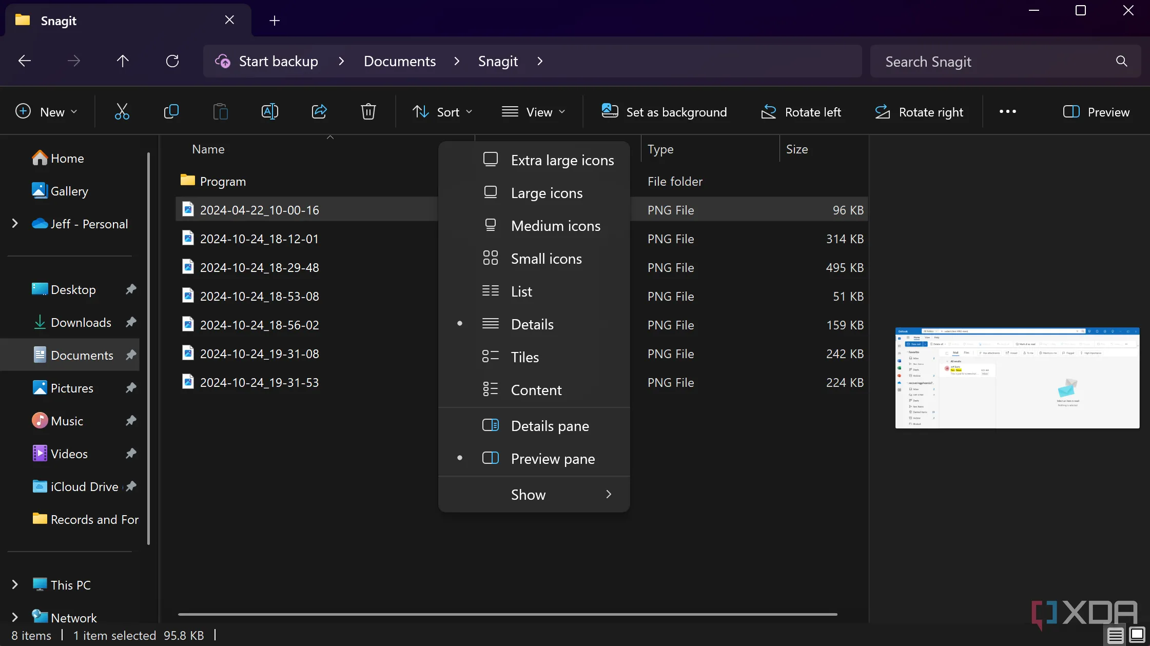 Khung xem trước và các tùy chọn tiện ích bổ sung trong File Explorer, thể hiện hạn chế về tùy biến giao diện.