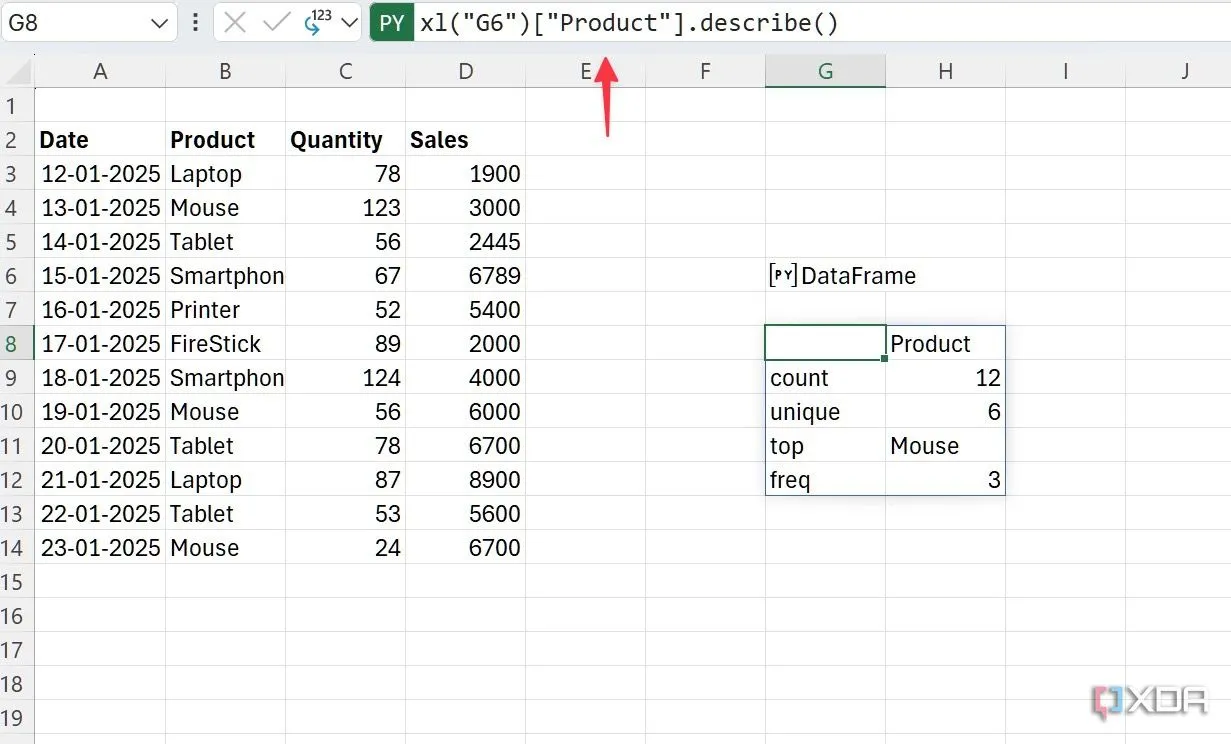 Kiểm tra chi tiết sản phẩm bằng Python trong Excel với hàm describe() trên cột Product