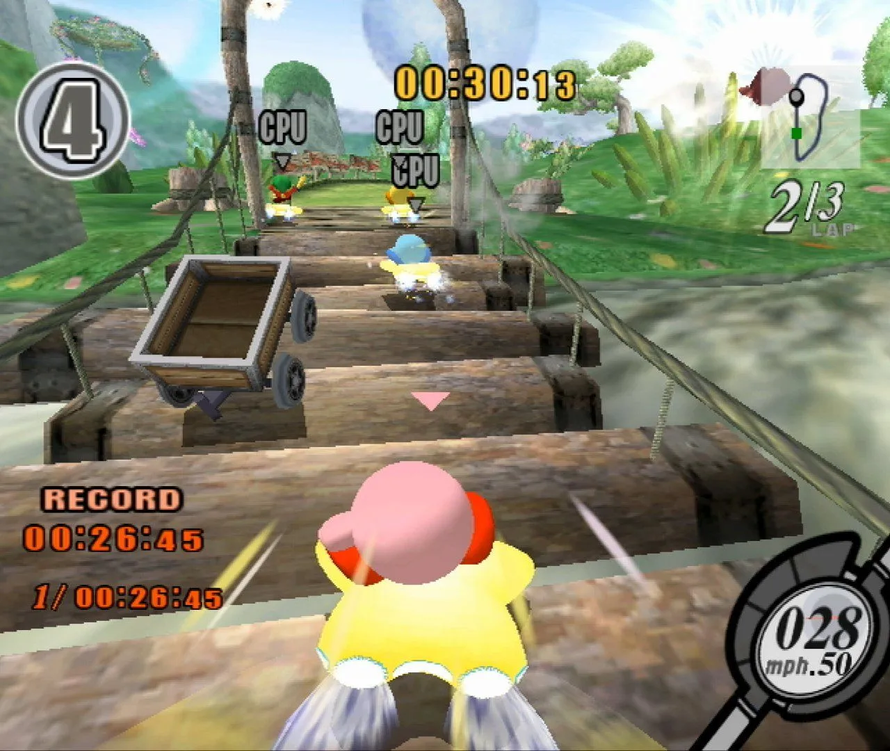 Kirby đang lái xe trên cầu gỗ trong game Kirby Air Ride, phong cảnh xanh tươi.