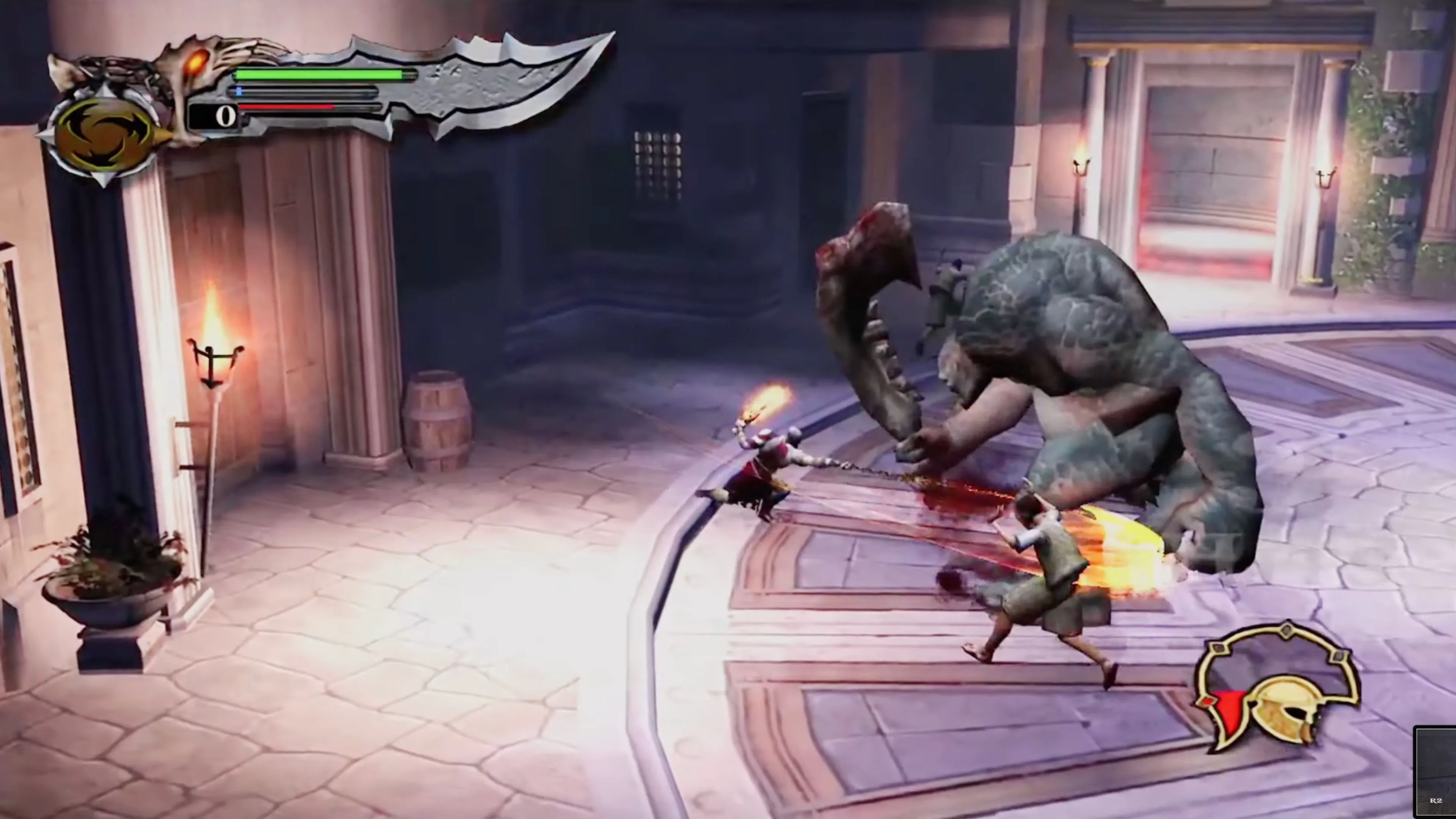 Kratos nhảy qua chướng ngại vật trong God of War (2005), minh họa yếu tố hành động leo trèo của game có thể được làm mới trên PC