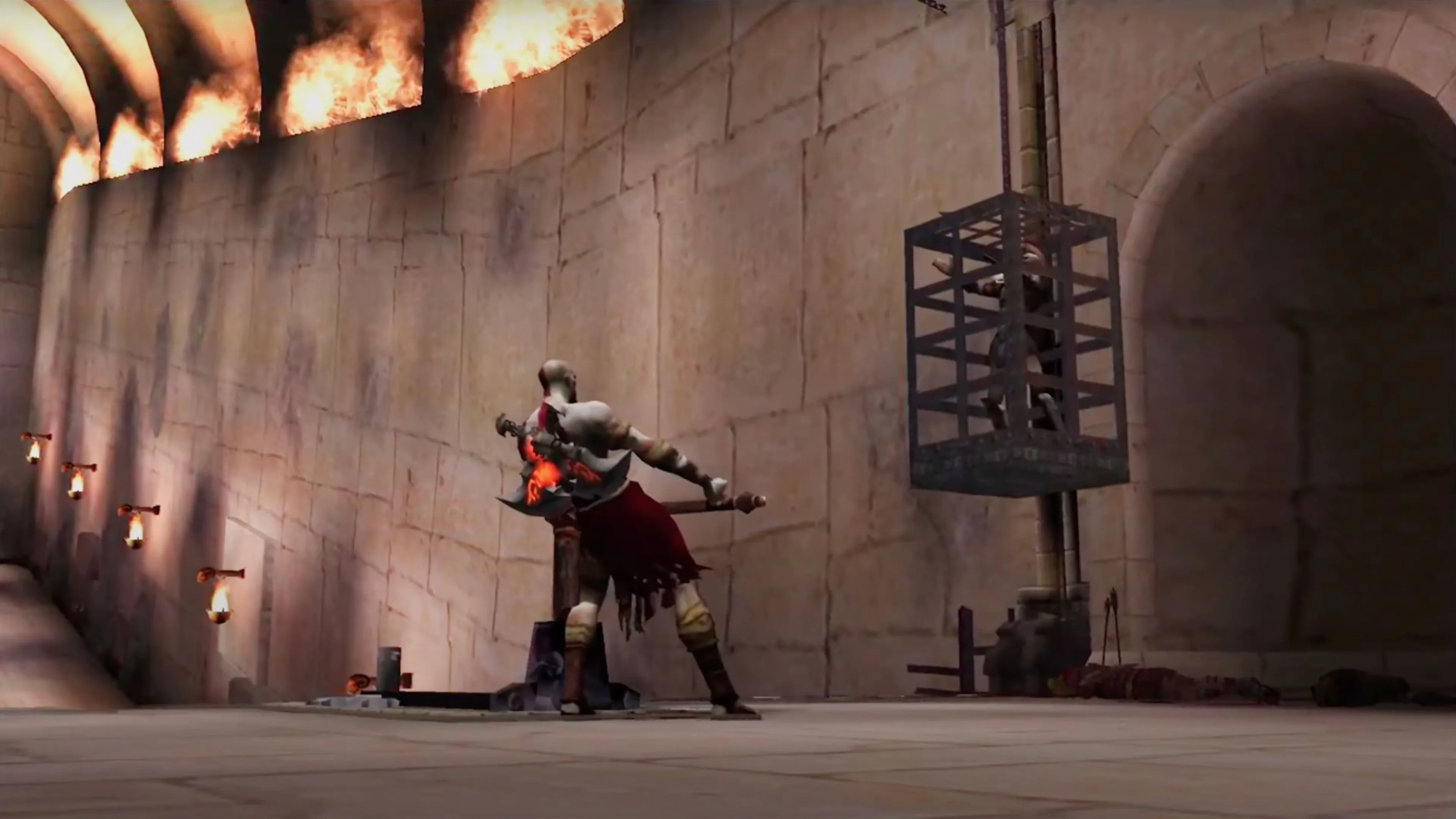 Kratos sử dụng Blade of Chaos để hạ gục quái vật trong God of War (2005), minh họa lối chơi tàn bạo của game hành động trên PlayStation