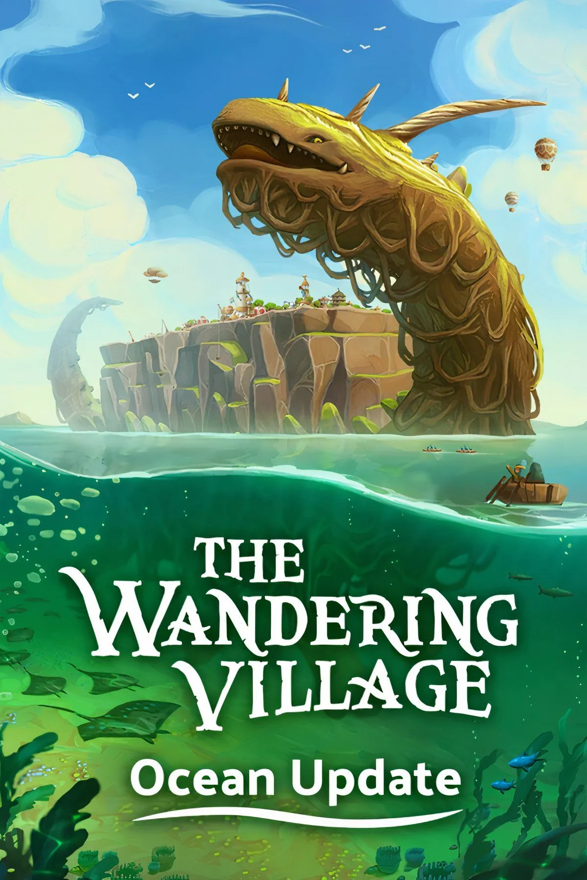 Làng Onbu di chuyển trên lưng sinh vật khổng lồ trong The Wandering Village, thể hiện sự kết hợp độc đáo giữa xây dựng và sinh tồn