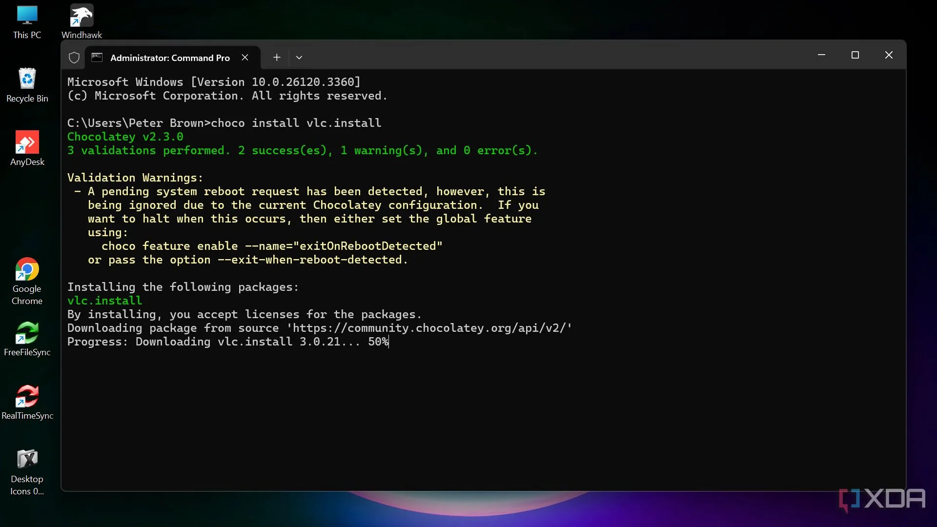 Lệnh cài đặt trình phát VLC bằng Chocolatey trong cửa sổ Command Prompt trên Windows.