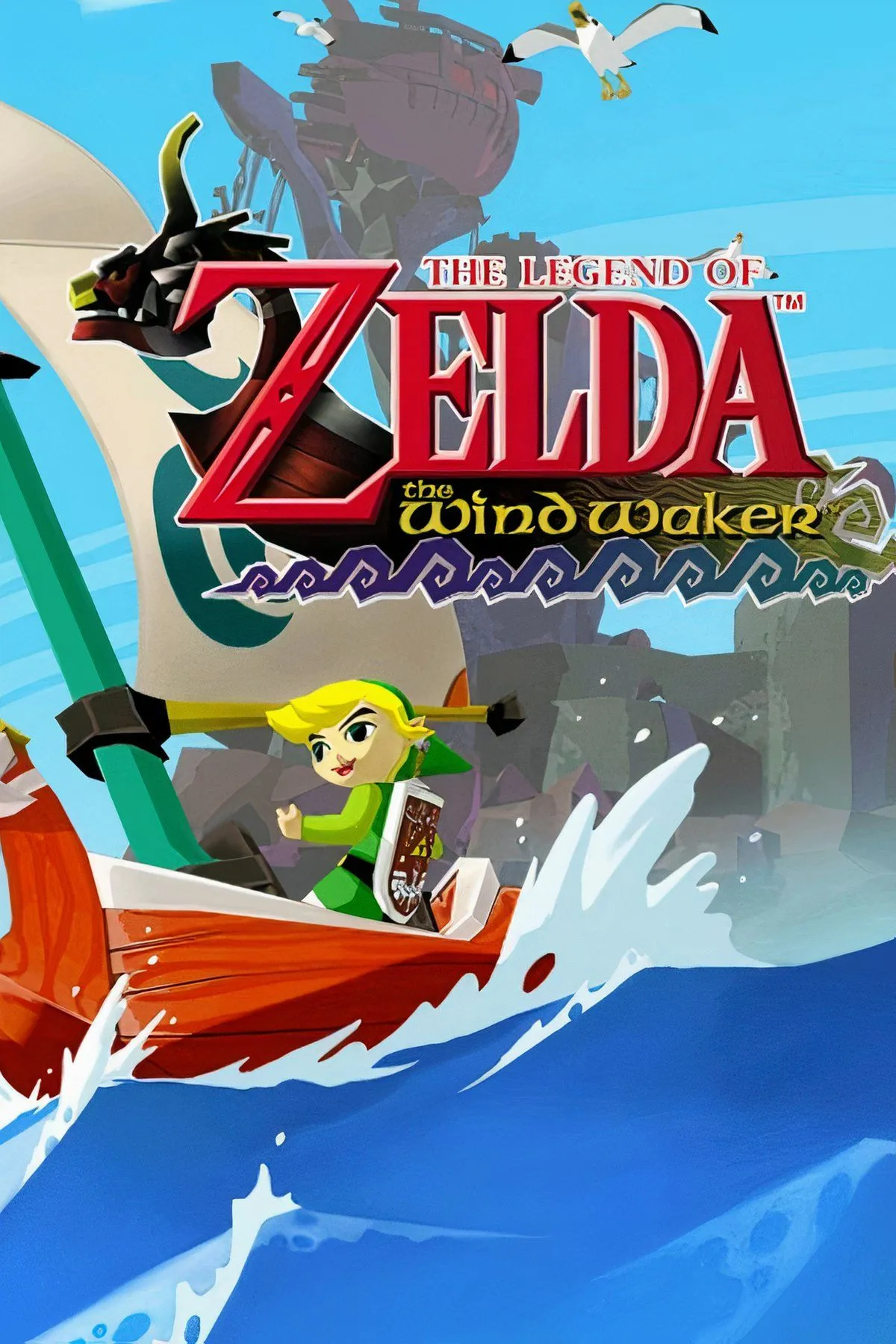 Link đang điều khiển thuyền trên đại dương rộng lớn trong The Legend of Zelda: The Wind Waker, GameCube