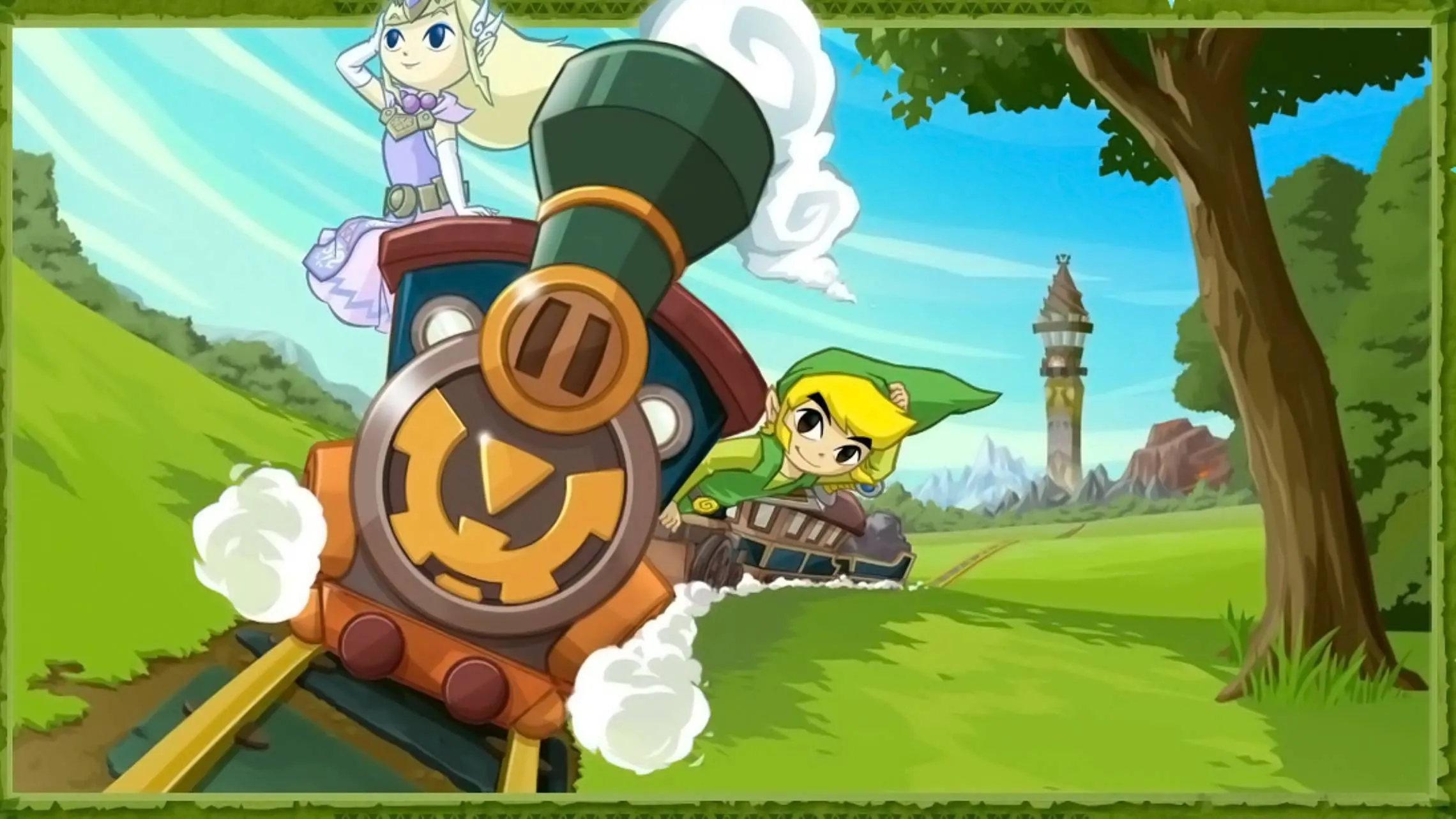 Link và công chúa Zelda trên một chuyến tàu hơi nước trong The Legend of Zelda: Spirit Tracks, với phong cách hoạt hình đặc trưng