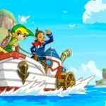 Link và Linebeck trong The Legend of Zelda: Phantom Hourglass, cùng với một con thuyền nhỏ trên biển