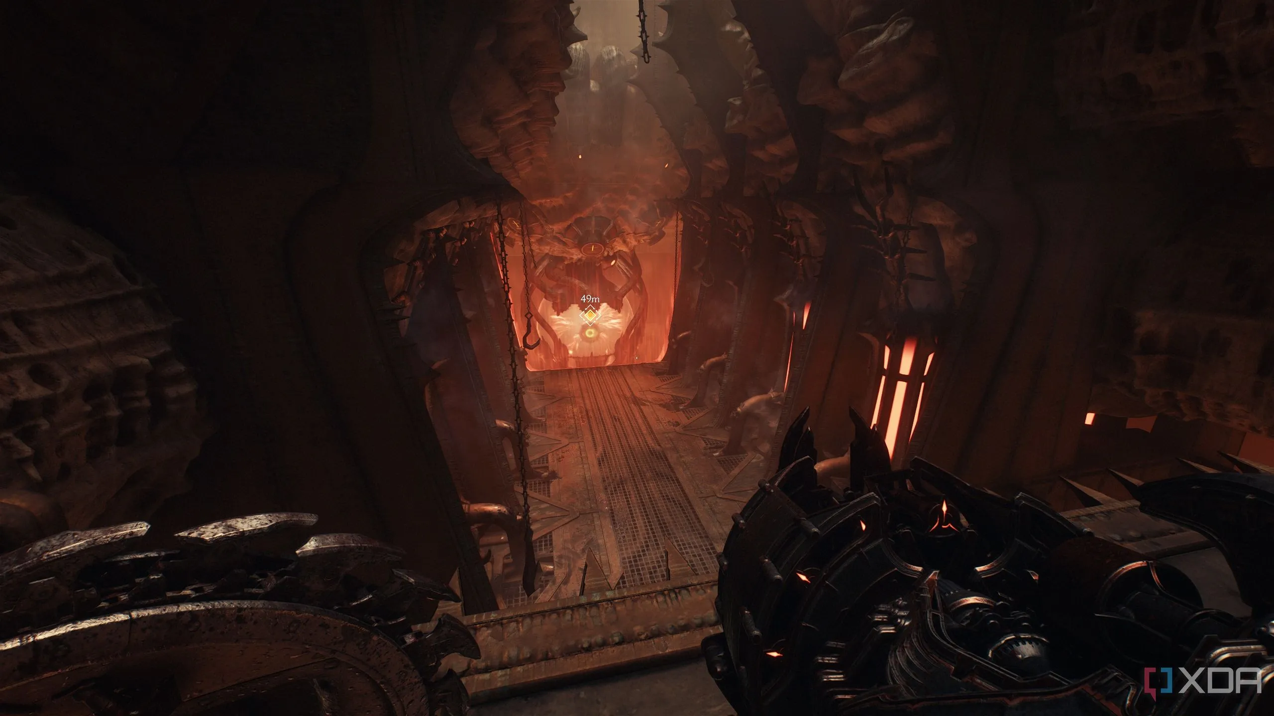 Lối ra của chiến hạm Hell Carrier bị cháy xém, dẫn vào bên trong ở Doom: The Dark Ages.