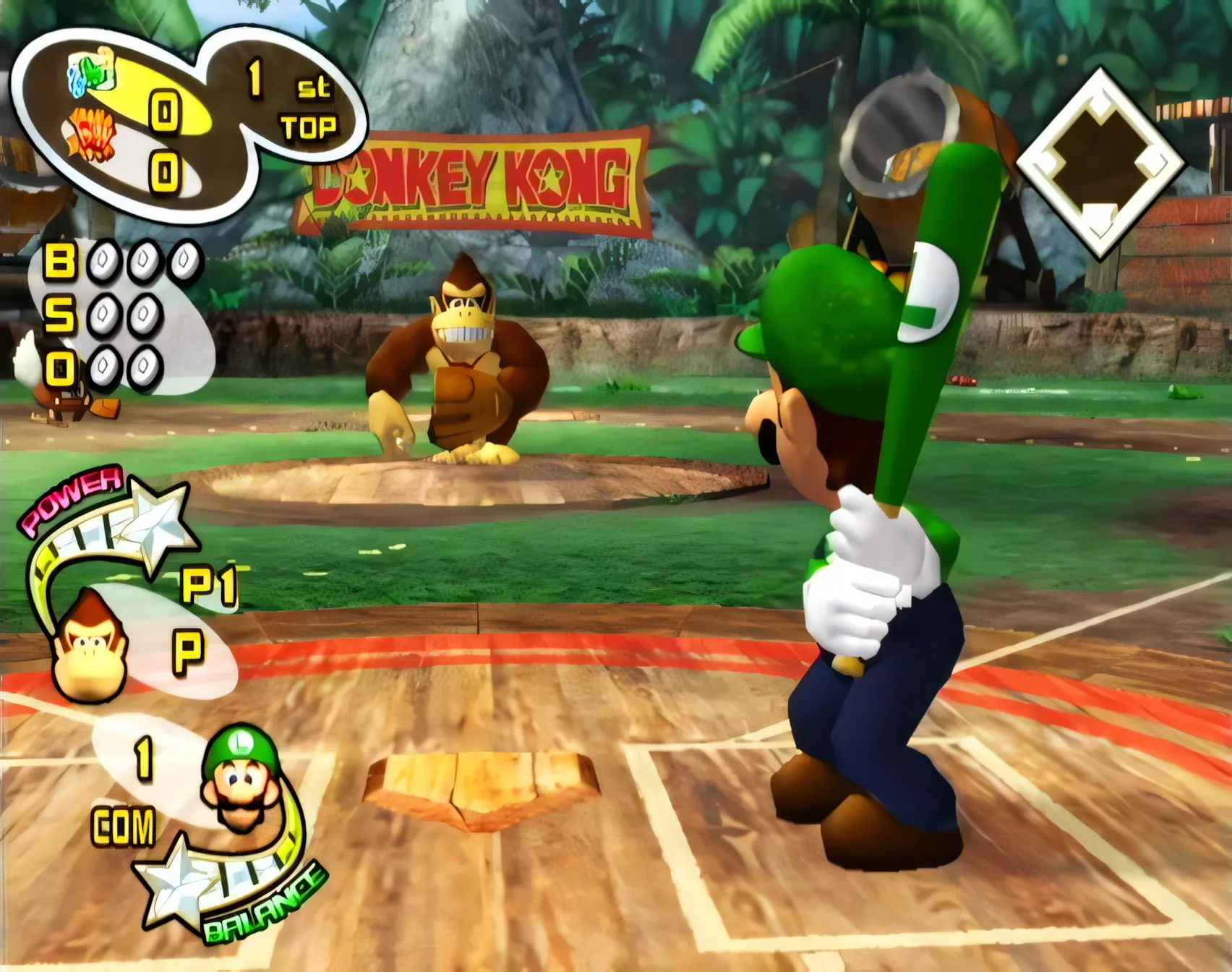 Luigi đang thực hiện cú đánh trong Mario Superstar Baseball, một game thể thao nổi bật trên GameCube