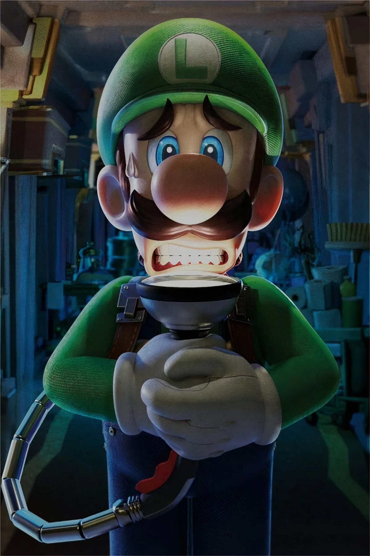 Luigi sử dụng máy hút bụi Poltergust trong Luigi's Mansion 3, thể hiện lối chơi bắt ma và giải đố độc đáo.