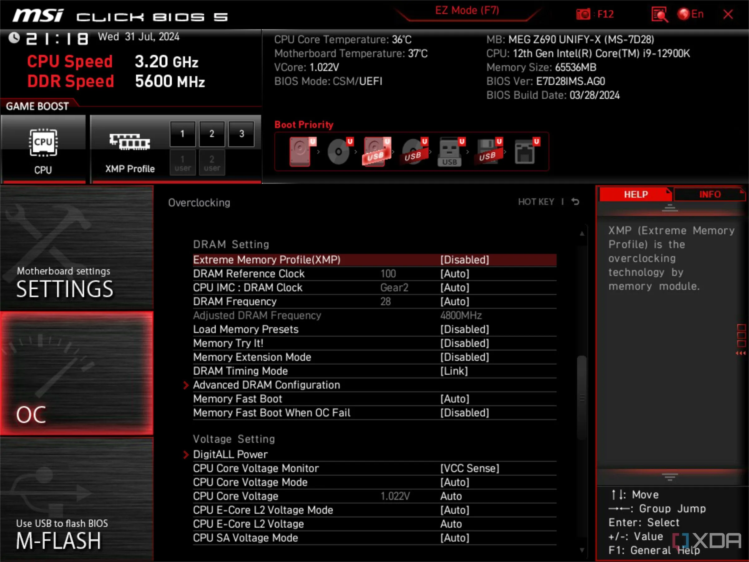 Màn hình BIOS UEFI của bo mạch chủ MSI hiển thị tùy chọn XMP đã tắt