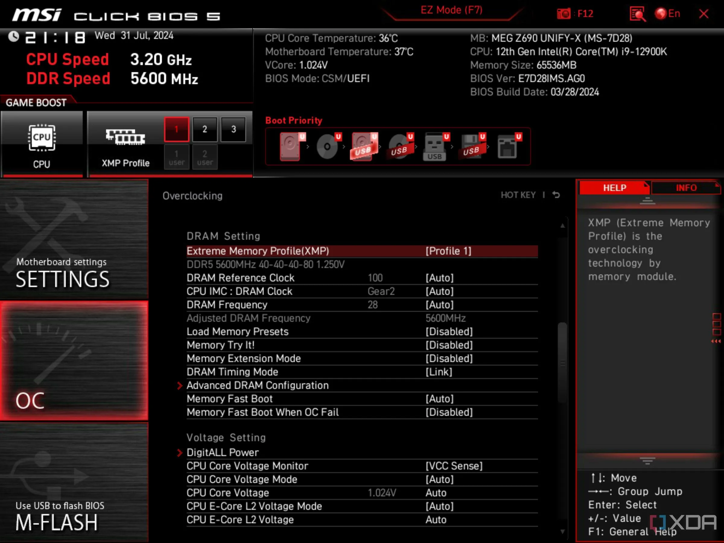 Màn hình BIOS UEFI của MSI cho thấy tùy chọn Intel XMP đã được kích hoạt, tối ưu tốc độ RAM.