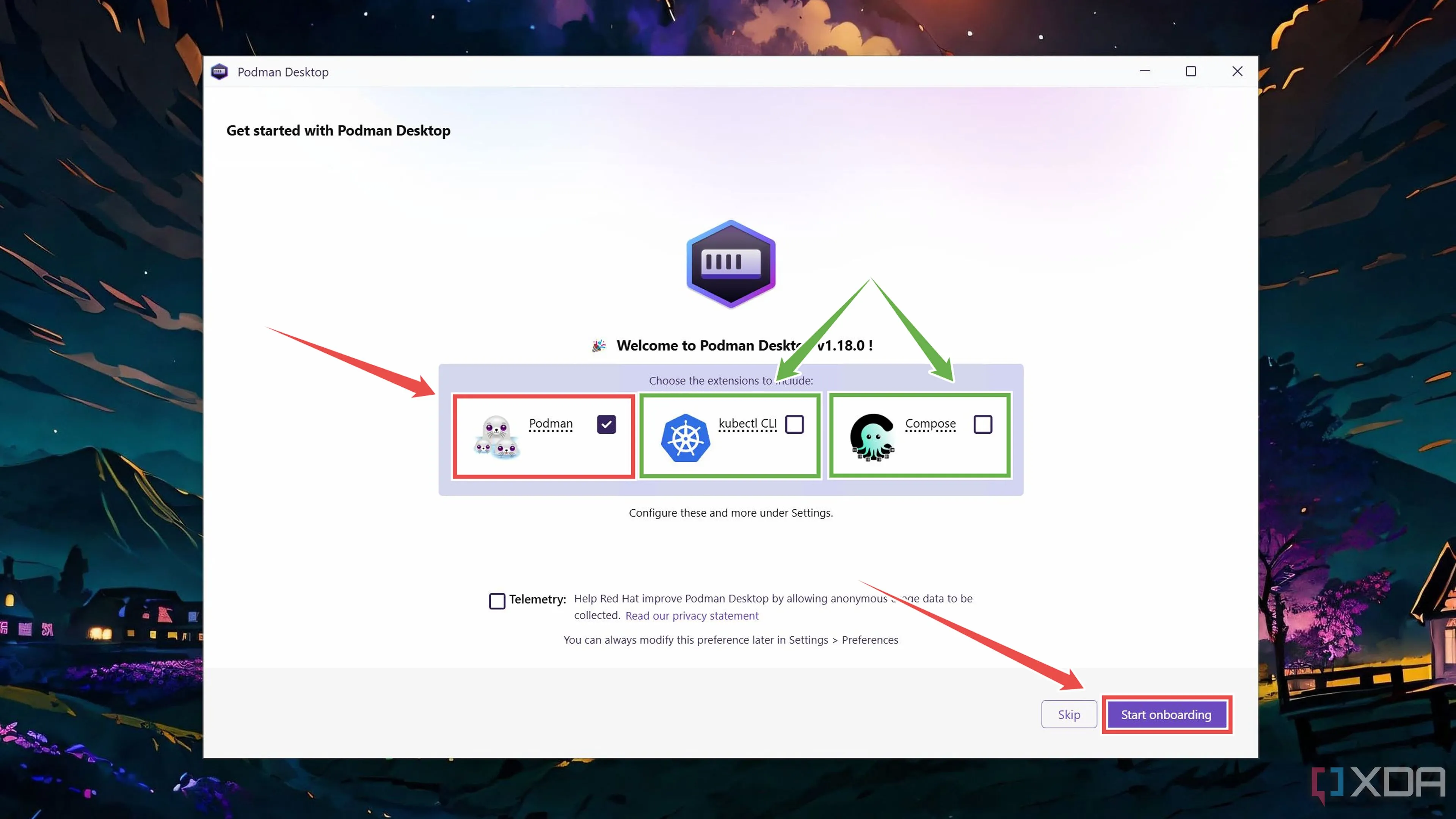 Màn hình cài đặt Podman Desktop hiển thị lựa chọn &quot;Podman extension&quot; đã được tích chọn.
