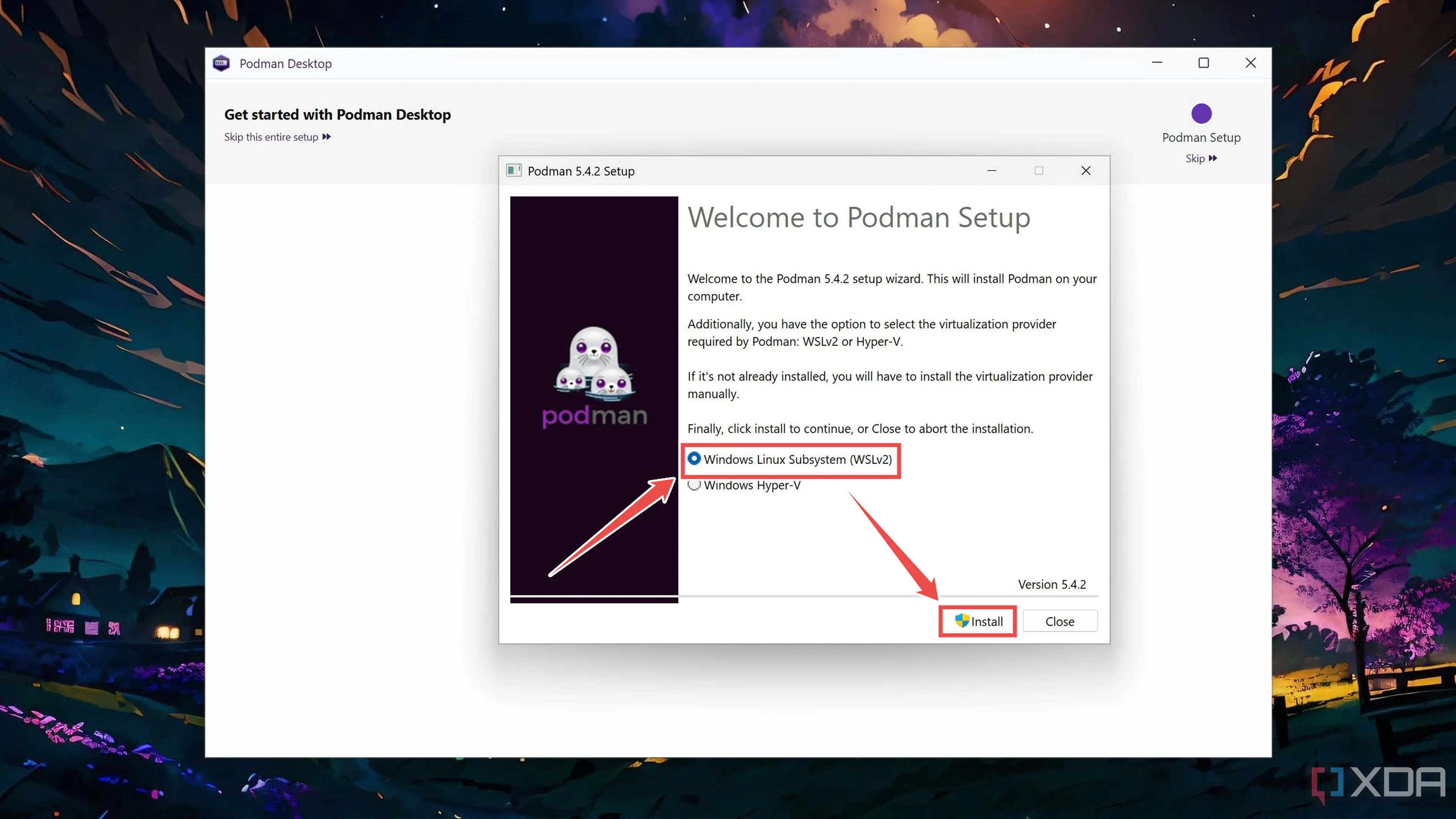 Màn hình cấu hình Podman Desktop hiển thị lựa chọn Windows Linux Subsystem (WSLv2) được chọn làm môi trường chạy cho Podman.