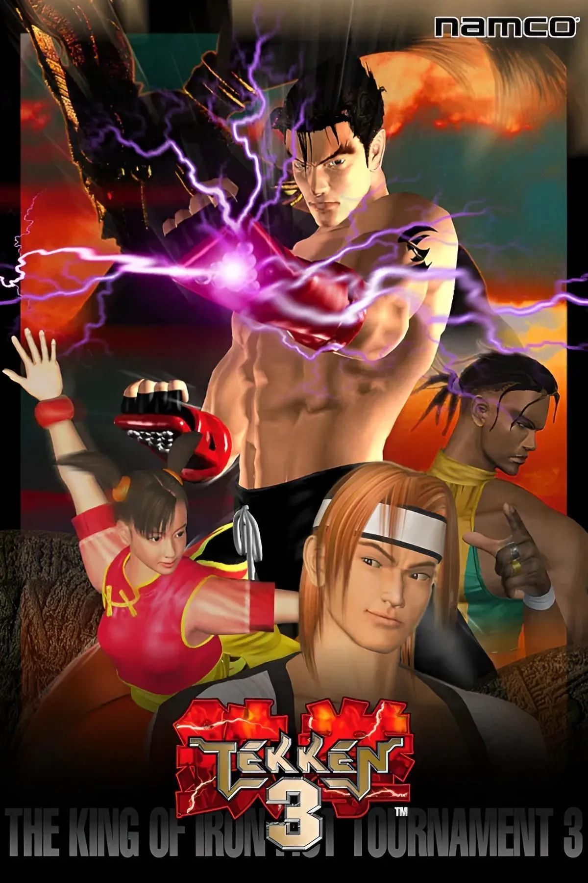 Màn hình chiến đấu trong chế độ Force Mode của game thùng Tekken 3, hiển thị nhân vật Jin Kazama đang đối đầu với nhiều kẻ thù.