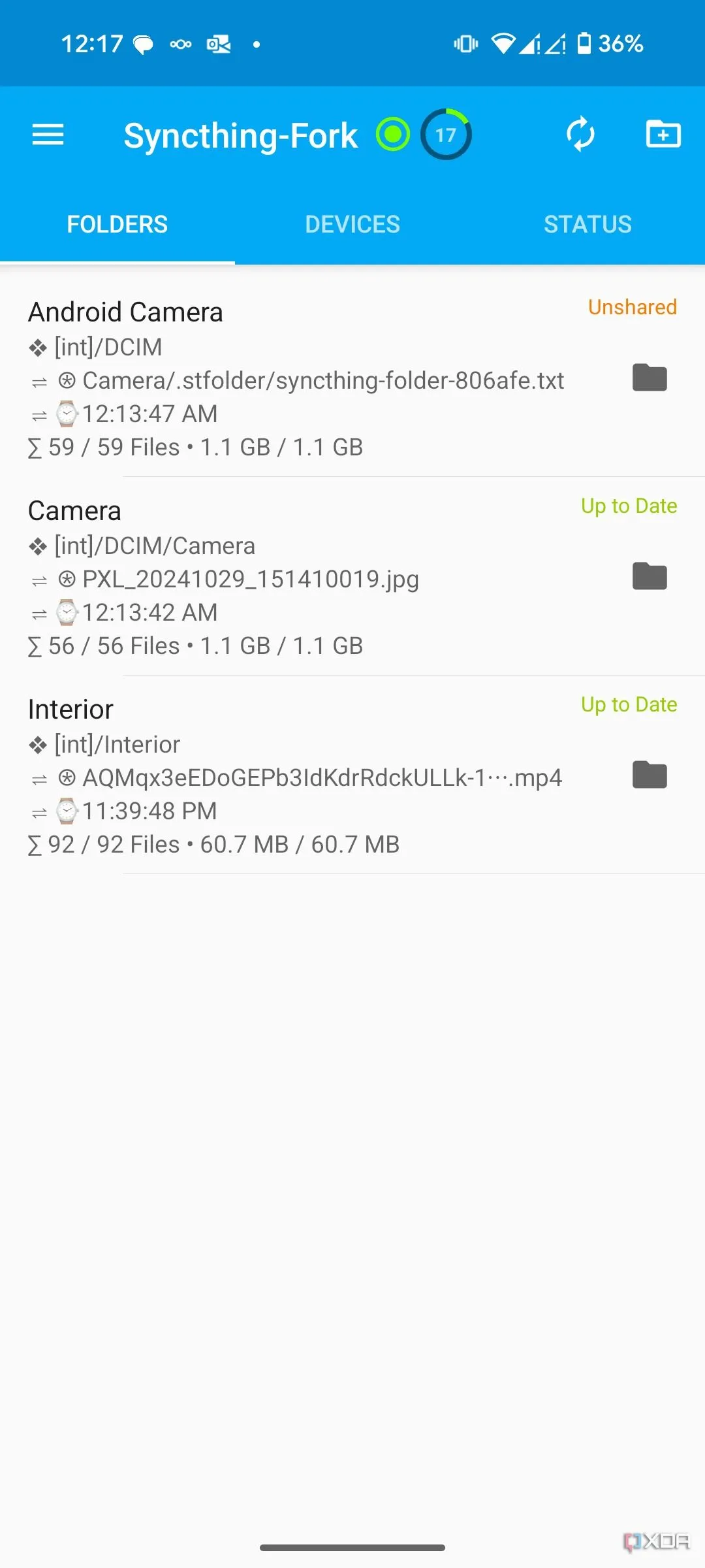 Màn hình chính ứng dụng Syncthing trên Android, hiển thị trạng thái đồng bộ và các thiết bị đã kết nối
