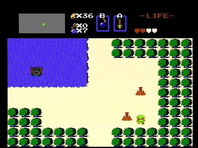 Màn hình chơi game The Legend of Zelda hiển thị Link đang ở trong một khu vực có nhiều hang động và lối đi bí mật.