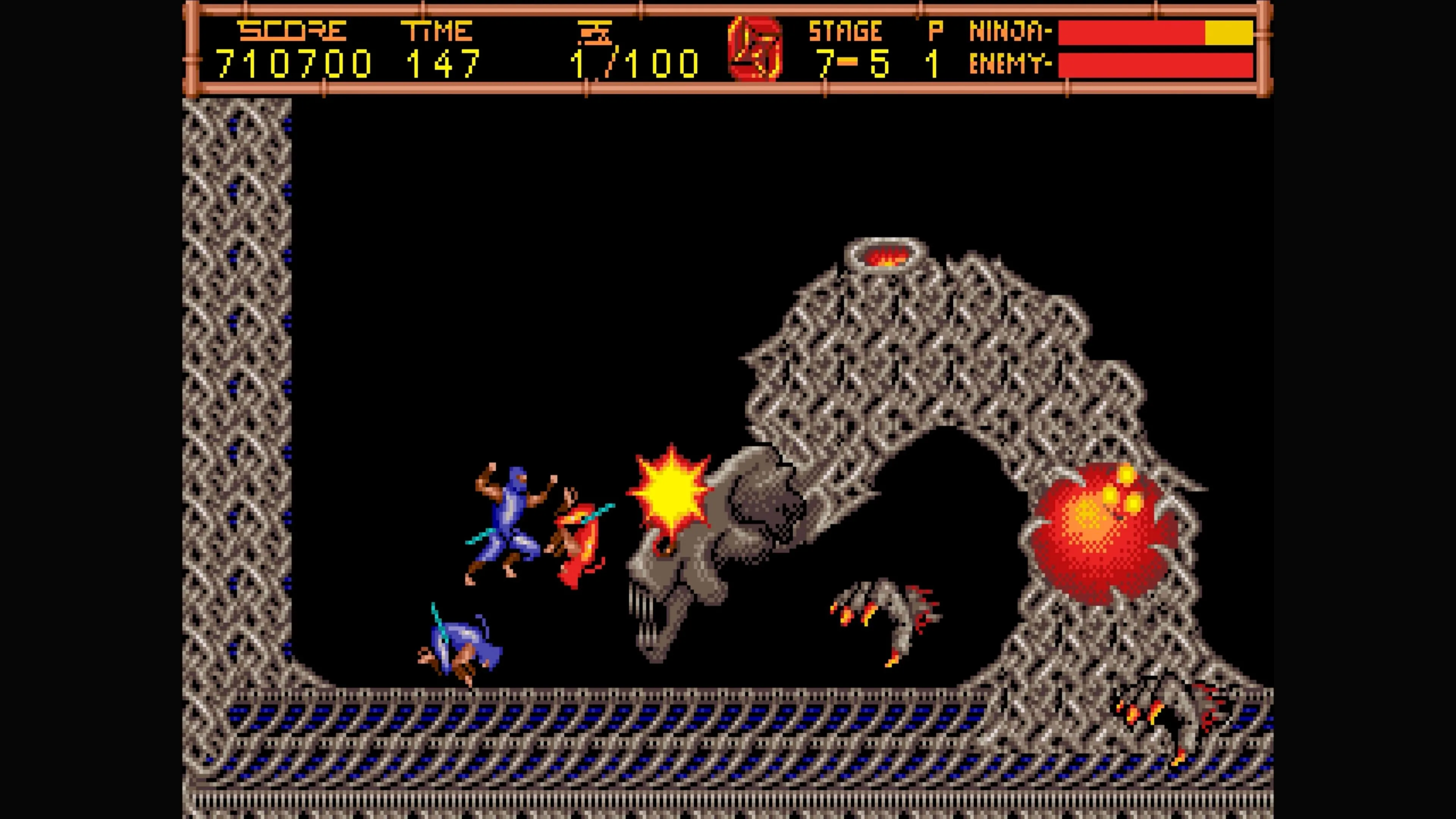 Màn hình chụp cảnh Ryu Hayabusa đang chiến đấu với một con rồng xương khổng lồ trong Ninja Gaiden 2.