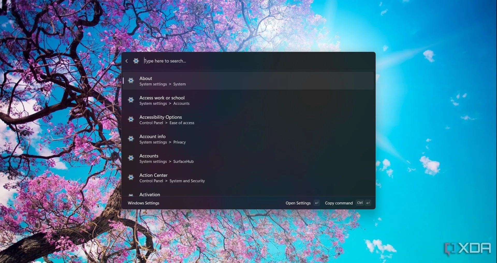Màn hình Command Palette của Arc đang hiển thị kết quả tìm kiếm &quot;Windows Settings&quot;, minh họa khả năng điều hướng và quản lý của trình duyệt, dù có thể gây nhầm lẫn với người dùng truyền thống.