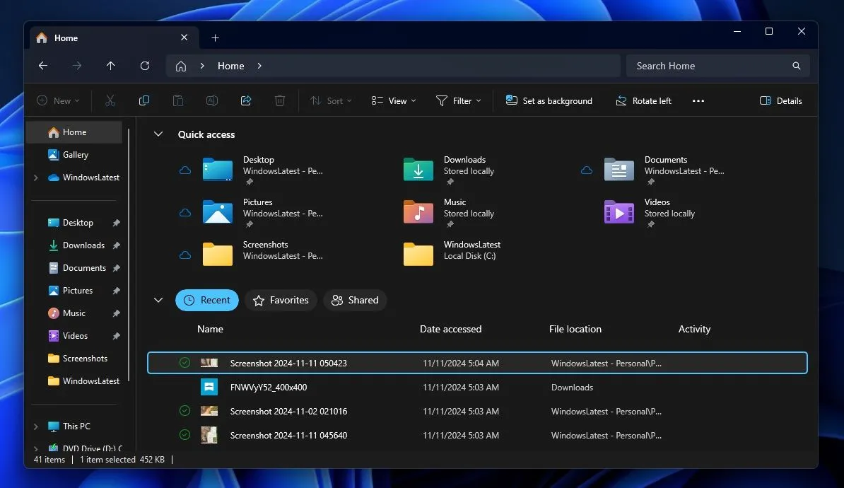 Màn hình File Explorer trên Windows 11 với khung chọn áp dụng màu nhấn theo cài đặt người dùng.
