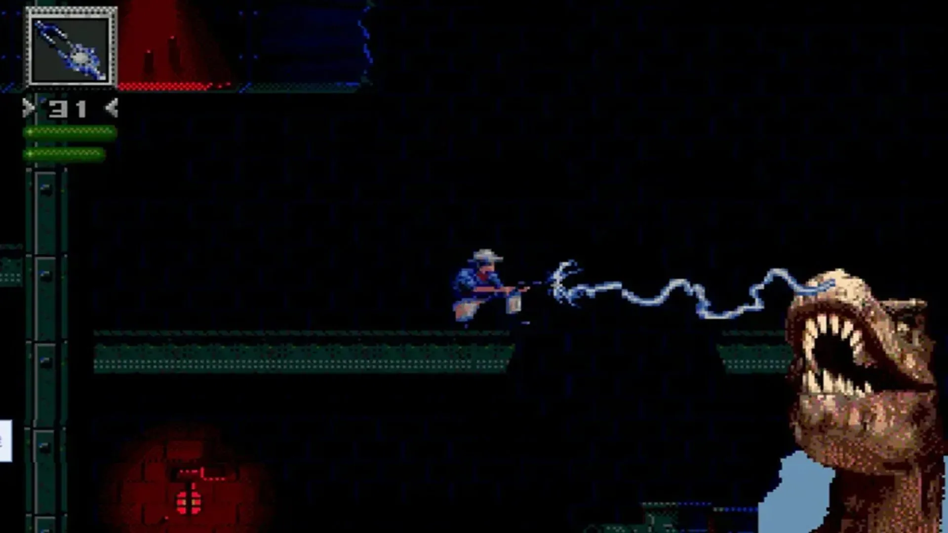 Màn hình gameplay của game Jurassic Park trên Sega Genesis, hiển thị Tiến sĩ Grant đối mặt với khủng long trong khu rừng
