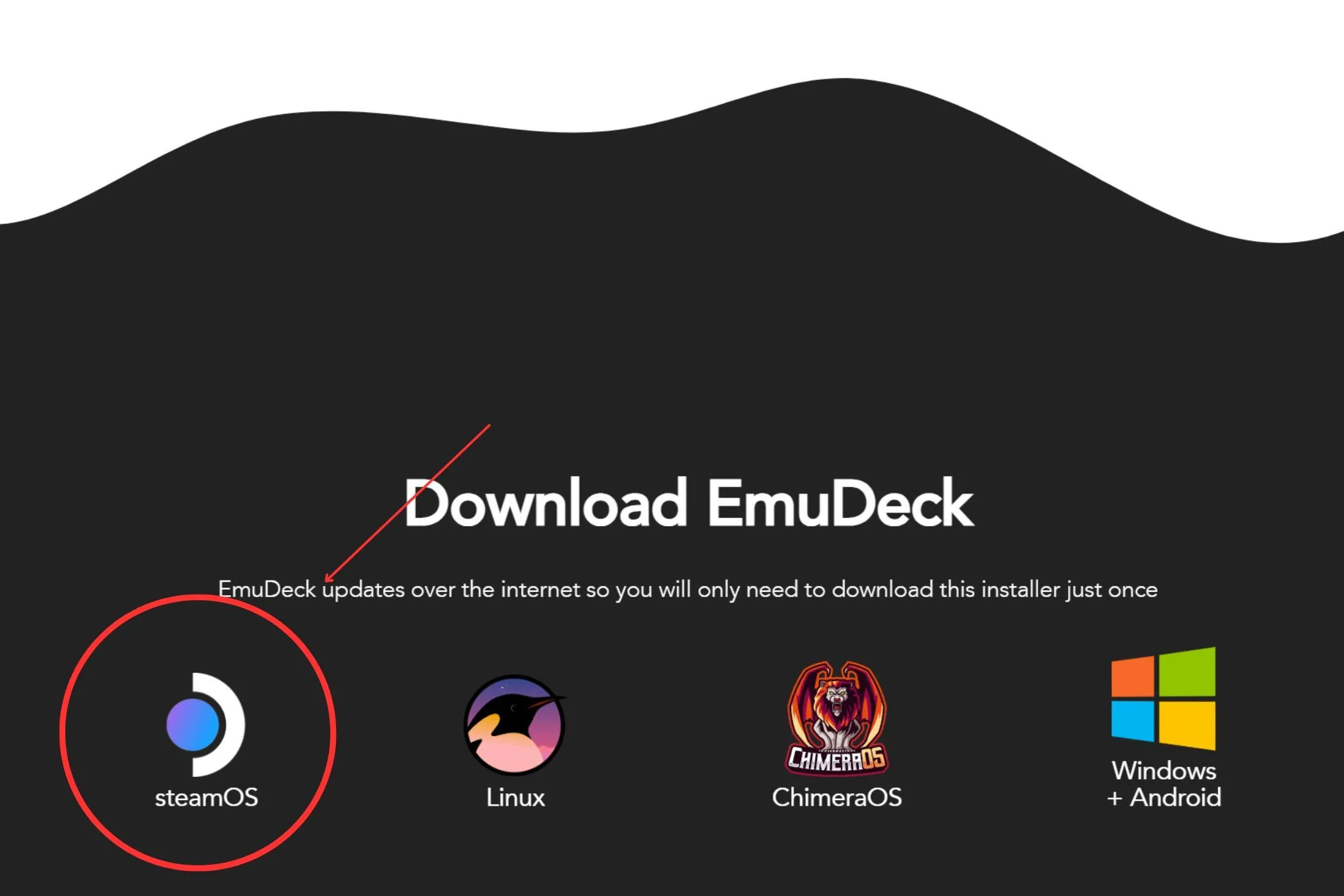 Màn hình giao diện cài đặt EmuDeck trên Steam Deck với tùy chọn tải xuống phiên bản SteamOS được tô sáng