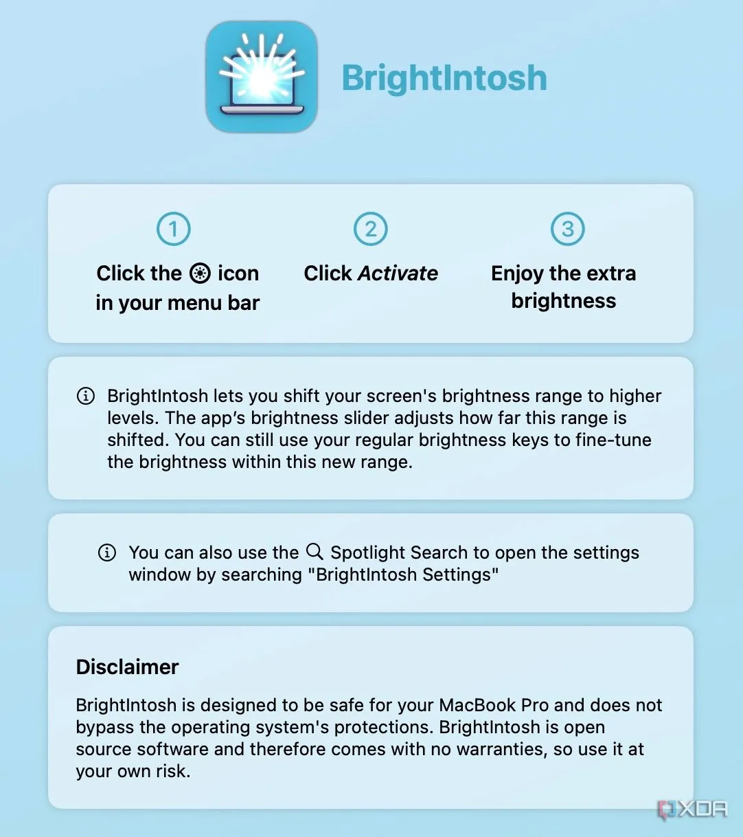 Màn hình giới thiệu ứng dụng Brightintosh khi khởi động