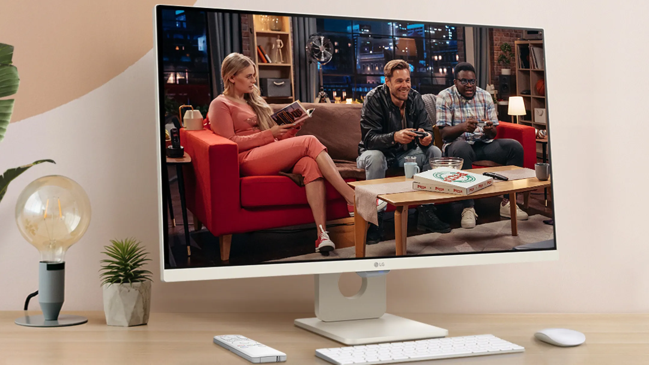 Màn hình LG MyView 27SR50F-W trên bàn làm việc, thể hiện tính năng đa dụng cho cả làm việc và giải trí