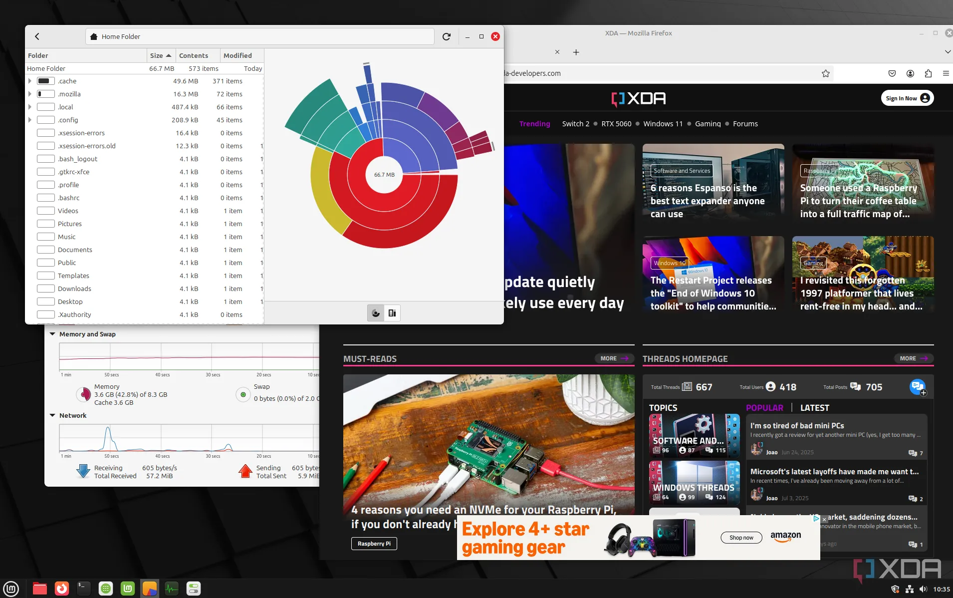 Màn hình Linux Mint với nhiều ứng dụng và tiện ích đang mở, thể hiện sự dễ dàng quản lý và khắc phục sự cố