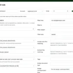Màn hình Mail Rules trong Paperless-ngx, nơi người dùng thiết lập các quy tắc tự động hóa việc quản lý và phân loại tài liệu từ email.