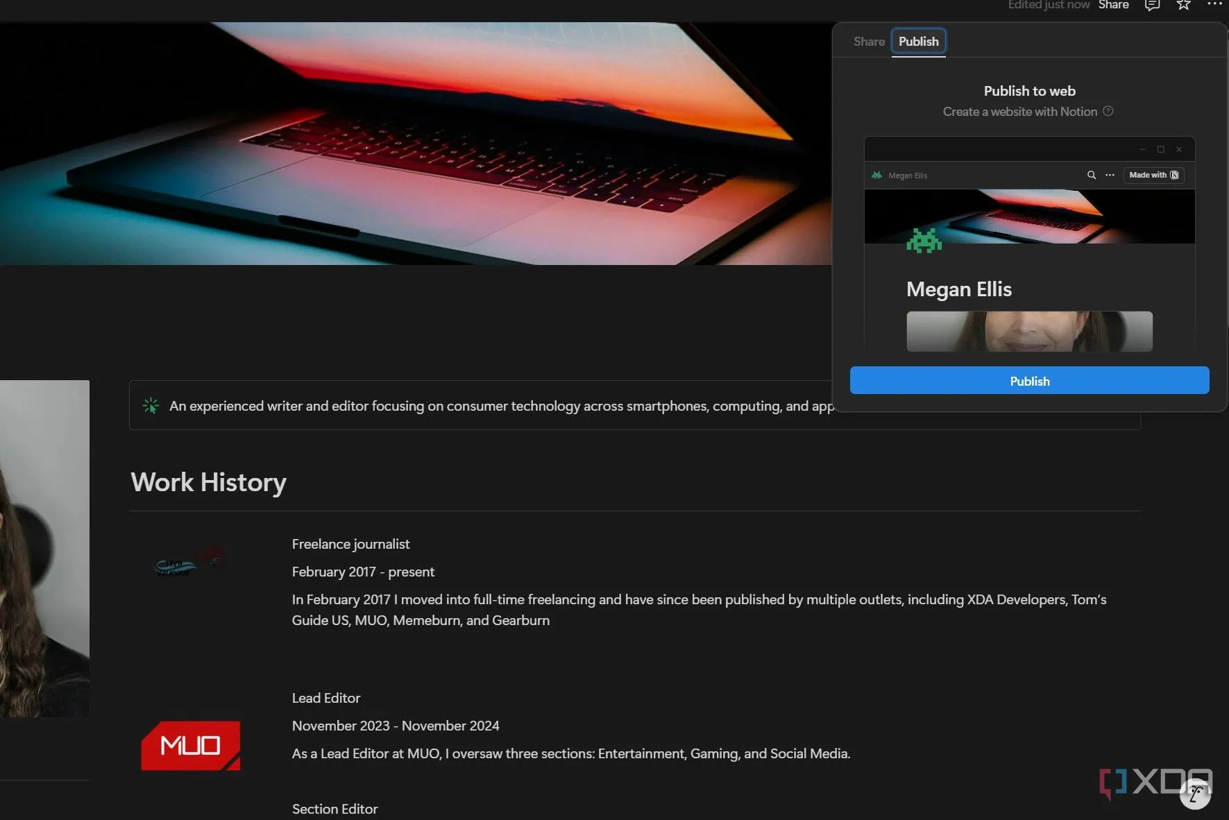 Màn hình Notion hiển thị tùy chọn 'Publish' trong menu chia sẻ, cho phép người dùng xuất bản trang thành website công khai.