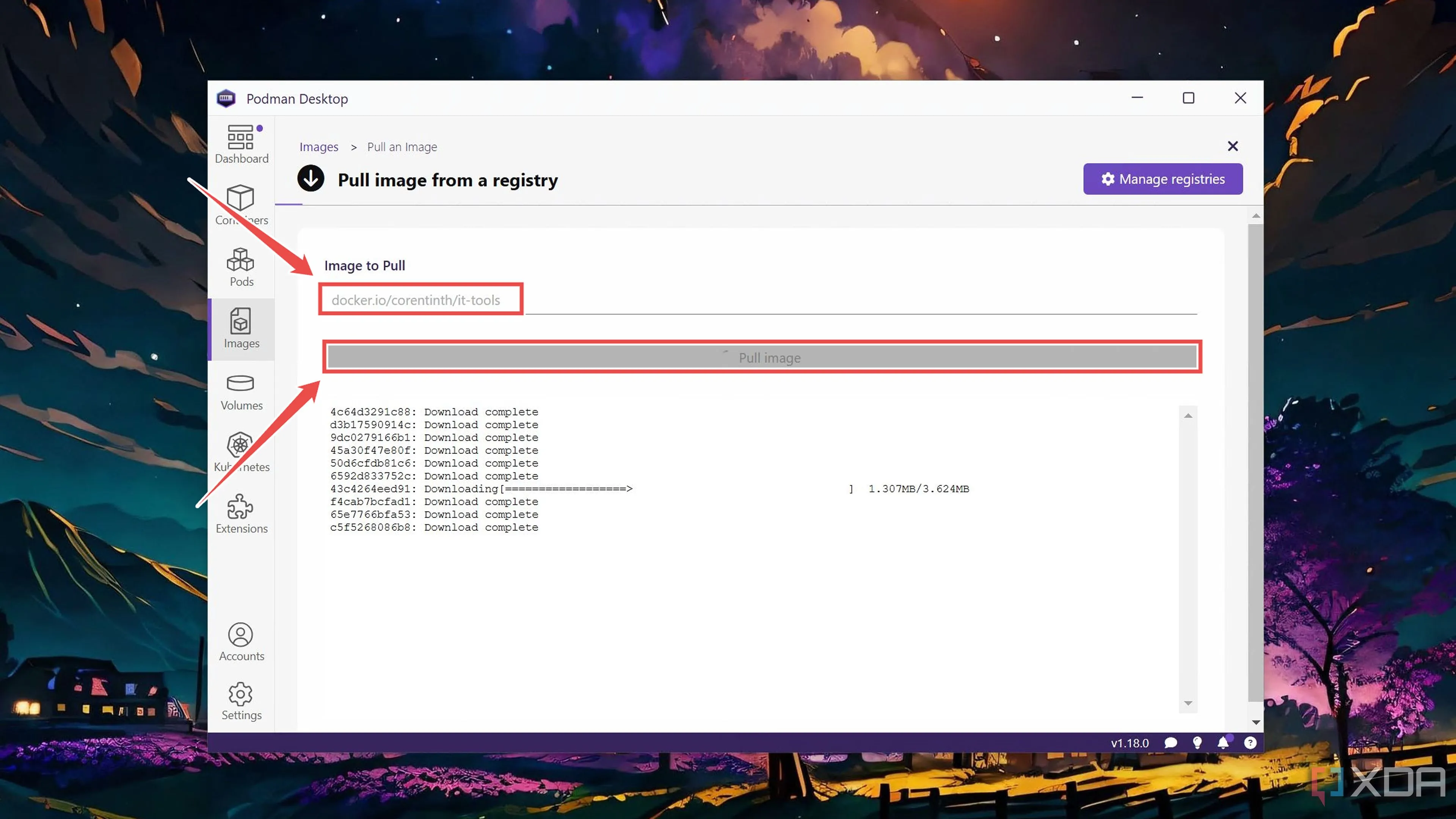 Màn hình &quot;Pull image&quot; trong Podman Desktop, cho phép nhập tên image (ví dụ docker.io/corentinth/it-tools) và nhấn &quot;Pull Image&quot; để tải về.