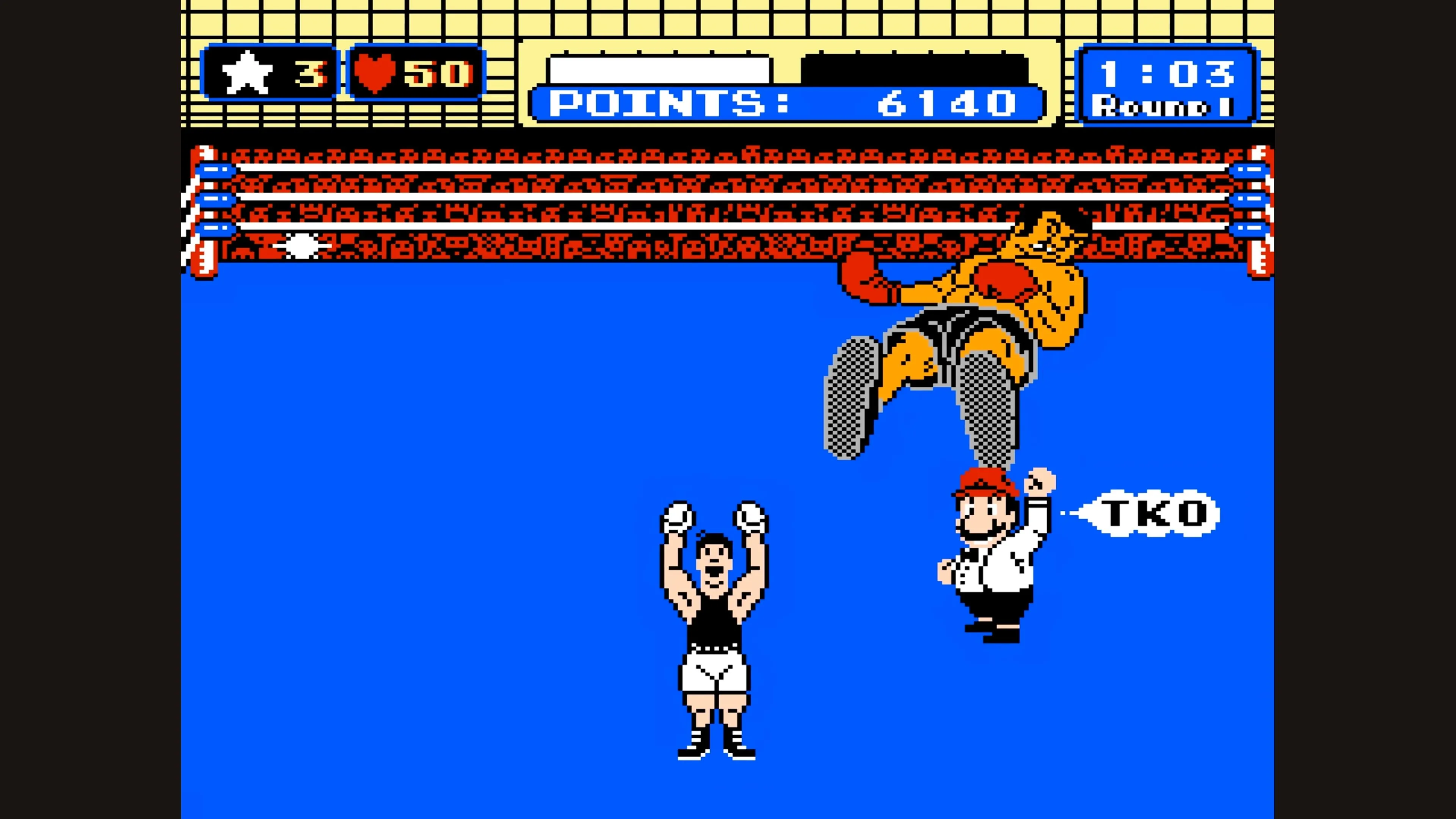 Màn hình Punch-Out!! hiển thị Little Mac đánh gục đối thủ, thể hiện hiệu ứng knockout đặc trưng.